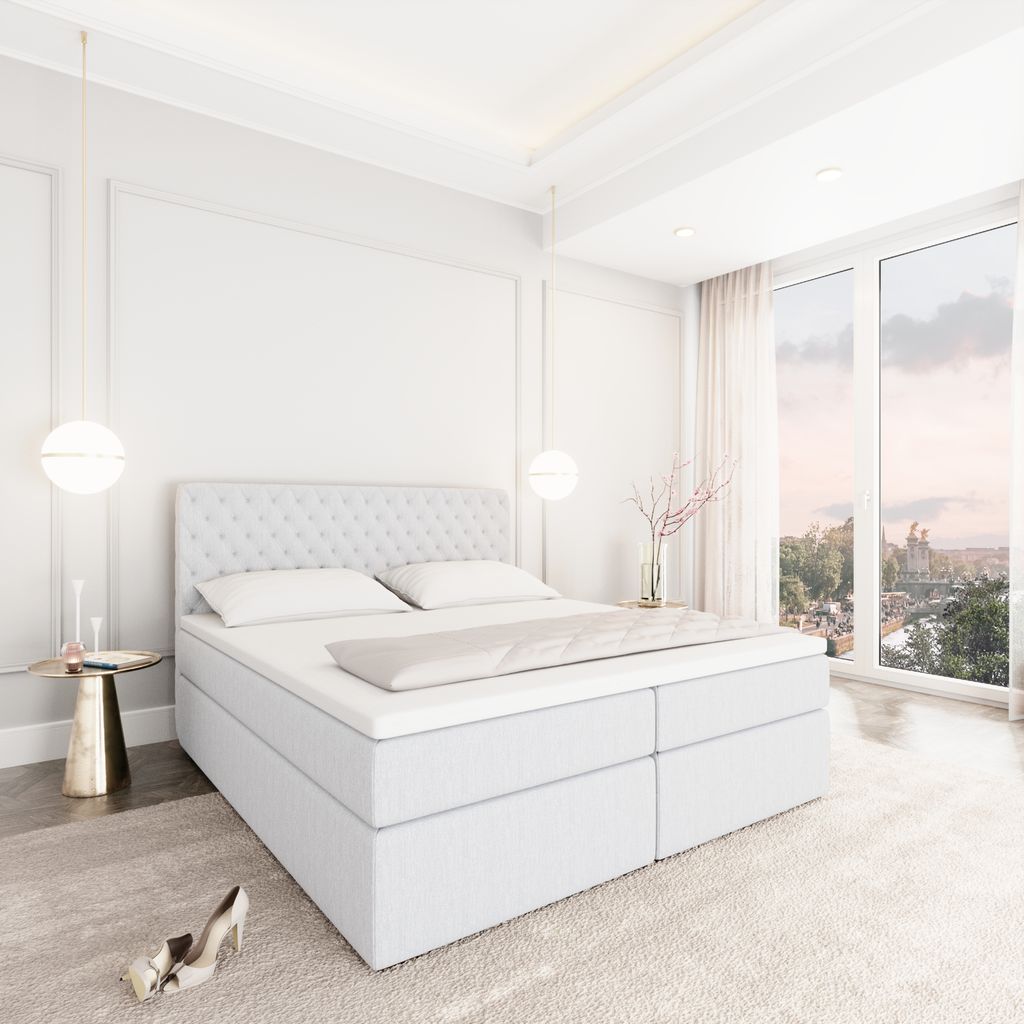 
Designer box spring bed “Alvara” with storage compartment, white woven fabric - 140 x 200 cm