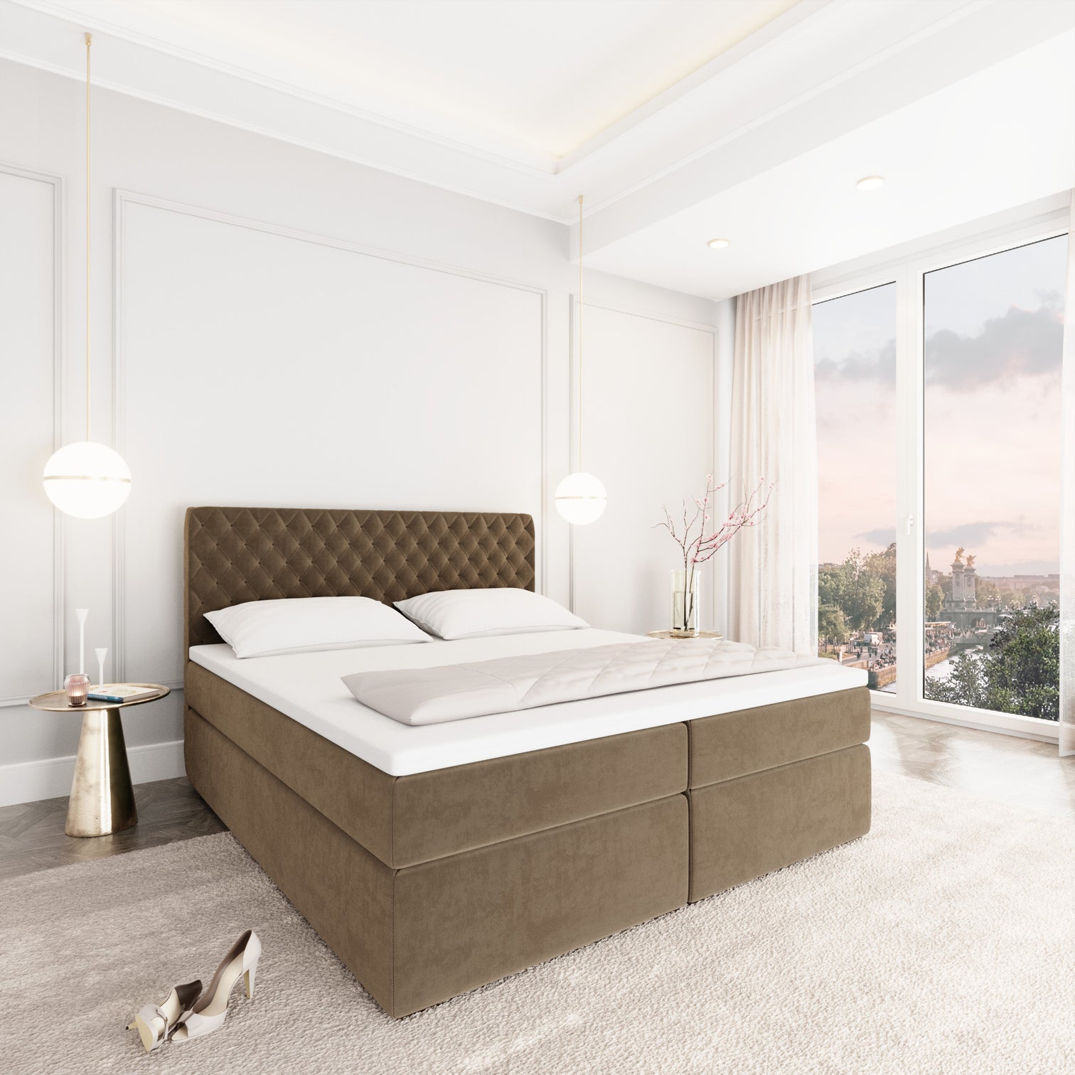
Design Boxspringbett „Alvara“ mit Ablagefach, Samt Braun - 140 x 200 cm