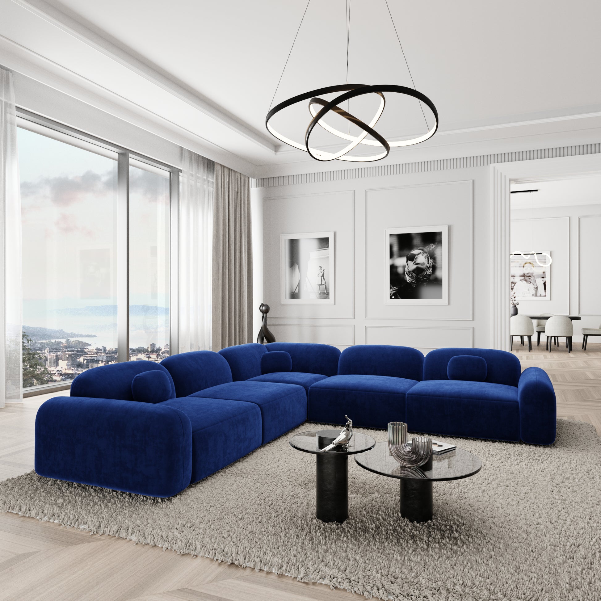 
5-Sitzer Design Ecksofa „Ravello“ mit Samtbezug - Samtbezug Königsblau