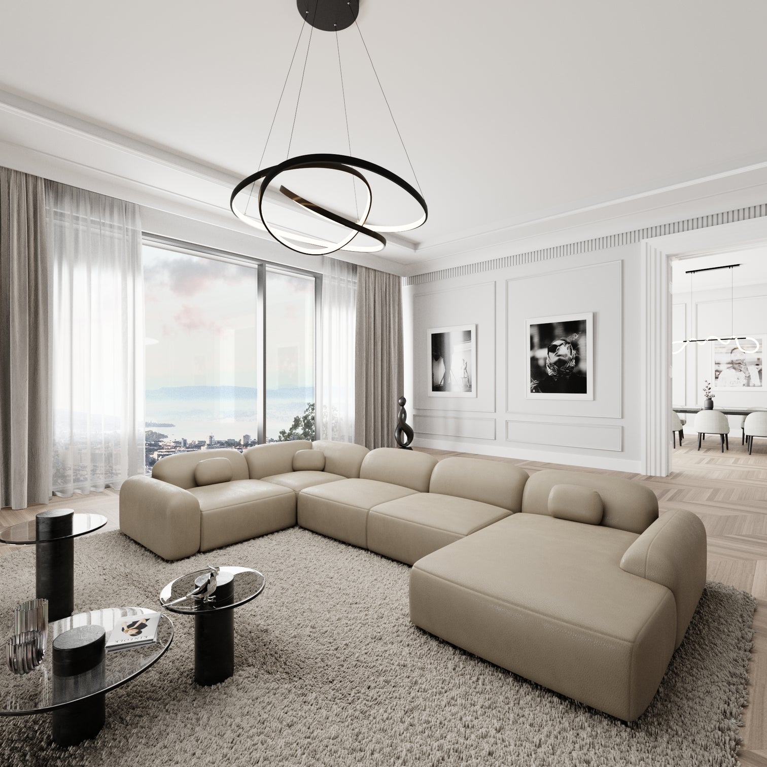 
Canapé panoramique design 6 places « Ravello XL » en cuir véritable - Cuir véritable Beige / Côté long gauche