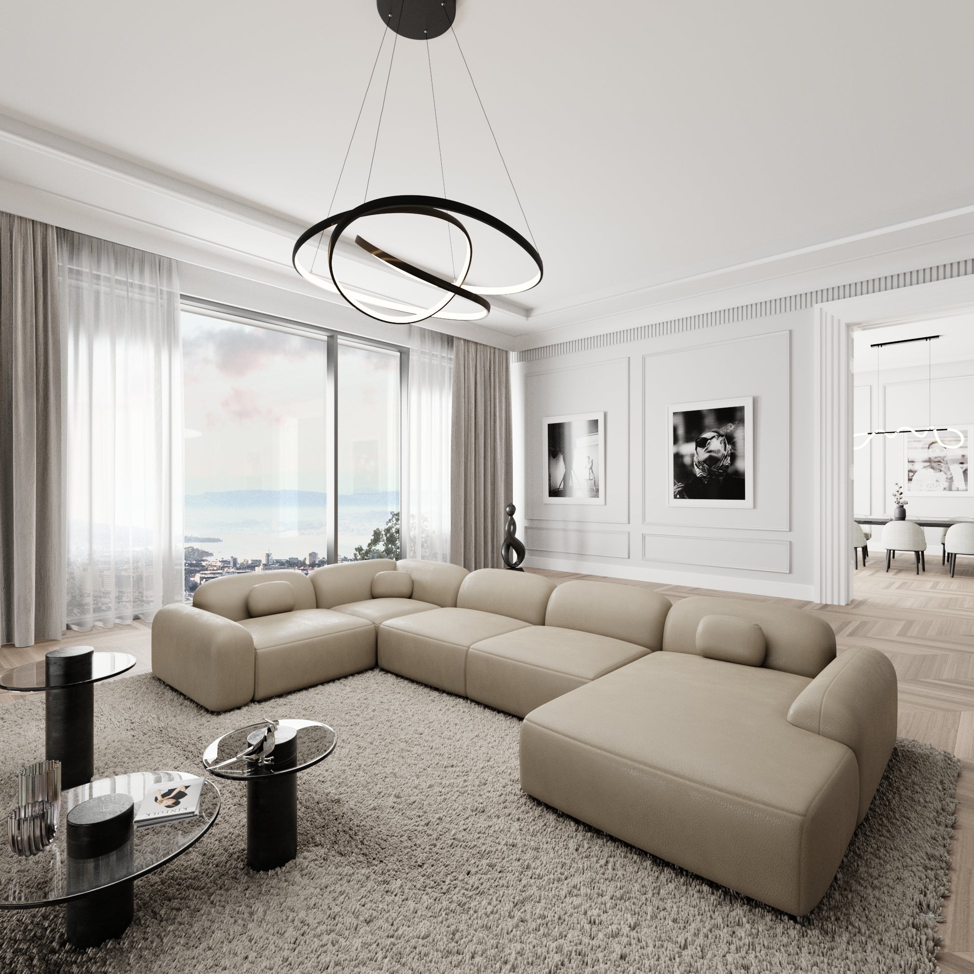 
6-Sitzer Design Echtleder Panorama-Sofa „Ravello XL“ - Echtleder Beige / Lange Seite links