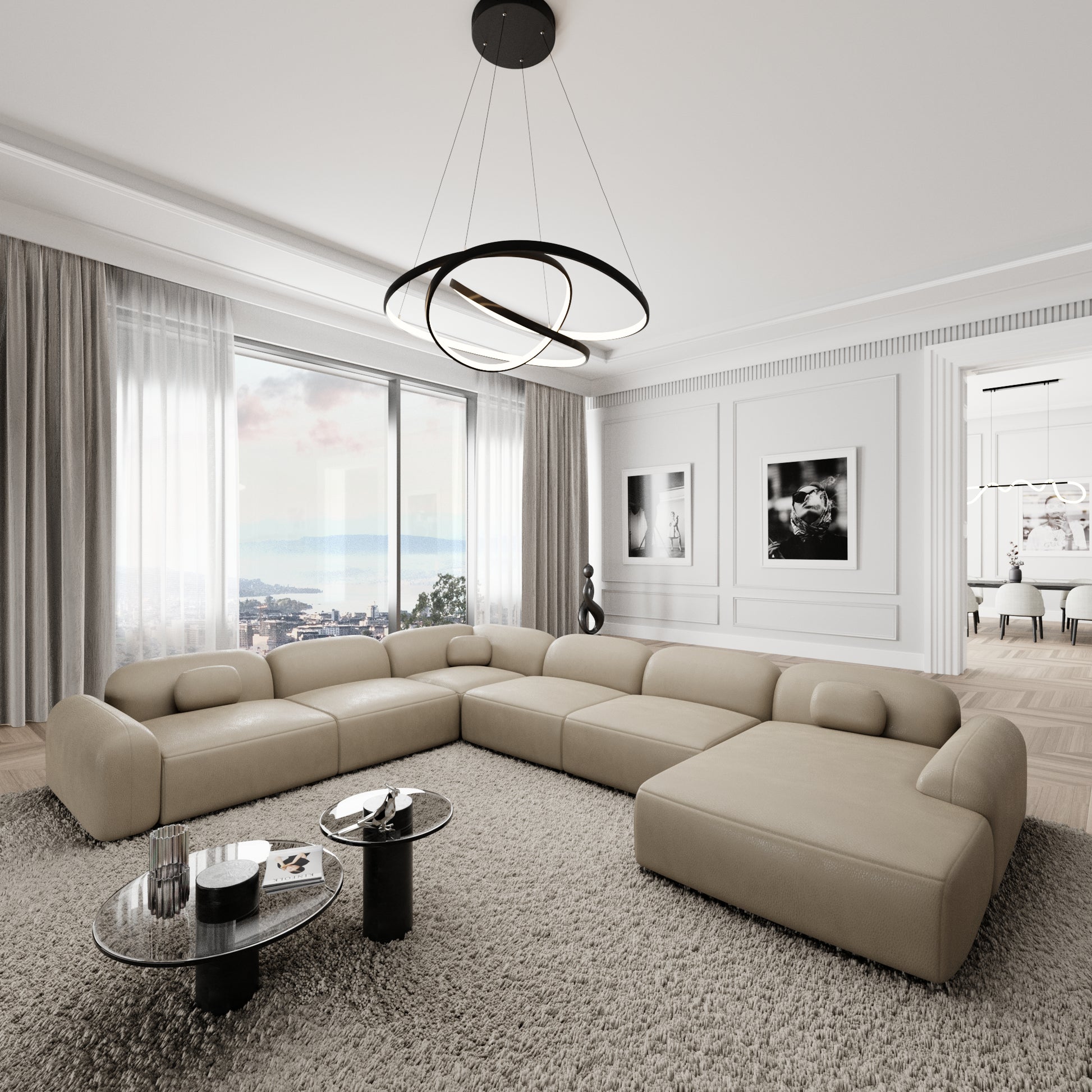 
7-Sitzer Design Echtleder Panorama-Sofa „Ravello XXL“ - Echtleder Beige / Lange Seite links