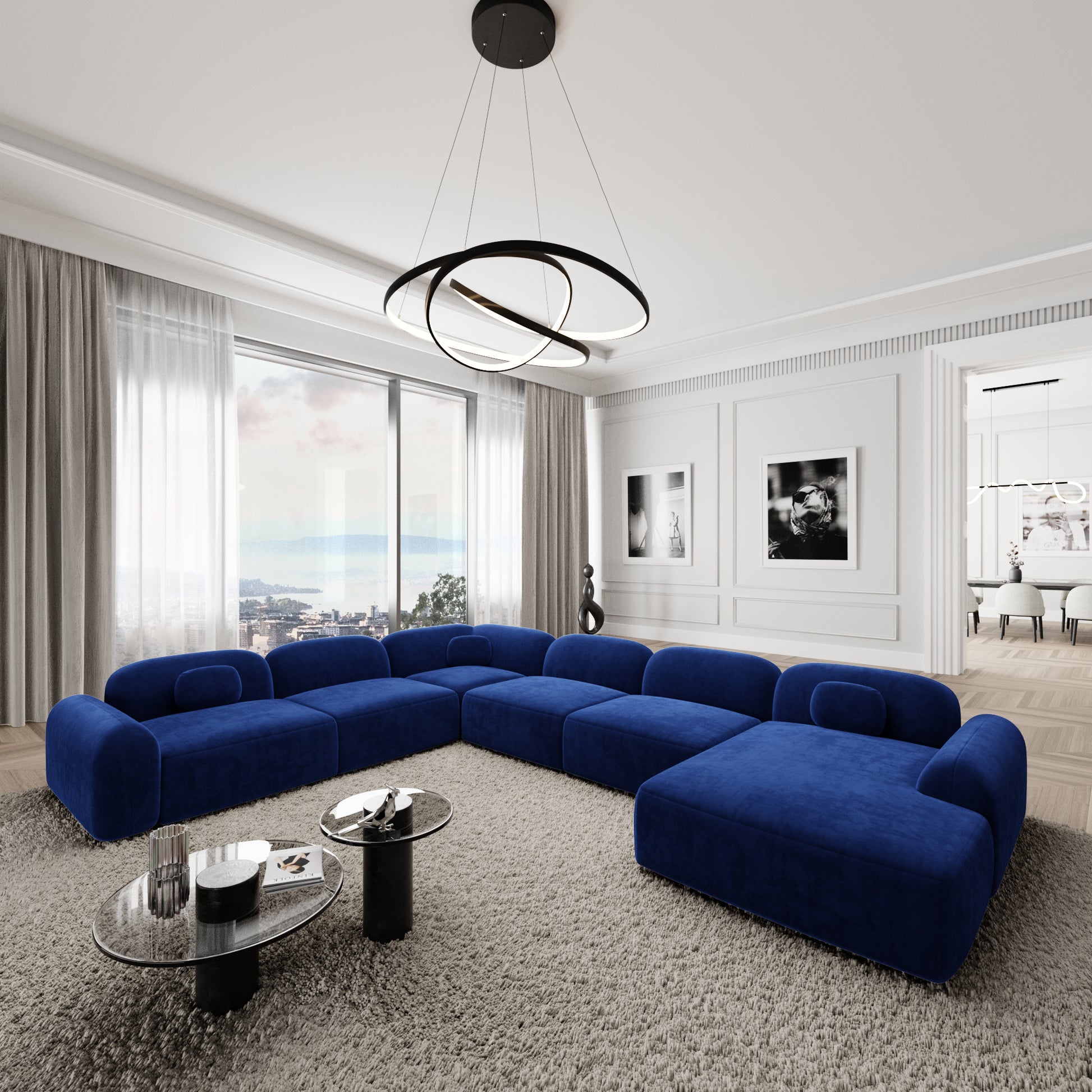 
7-Sitzer Design Panorama-Sofa „Ravello XXL“ mit Samtbezug - Samtbezug Königsblau / Lange Seite links