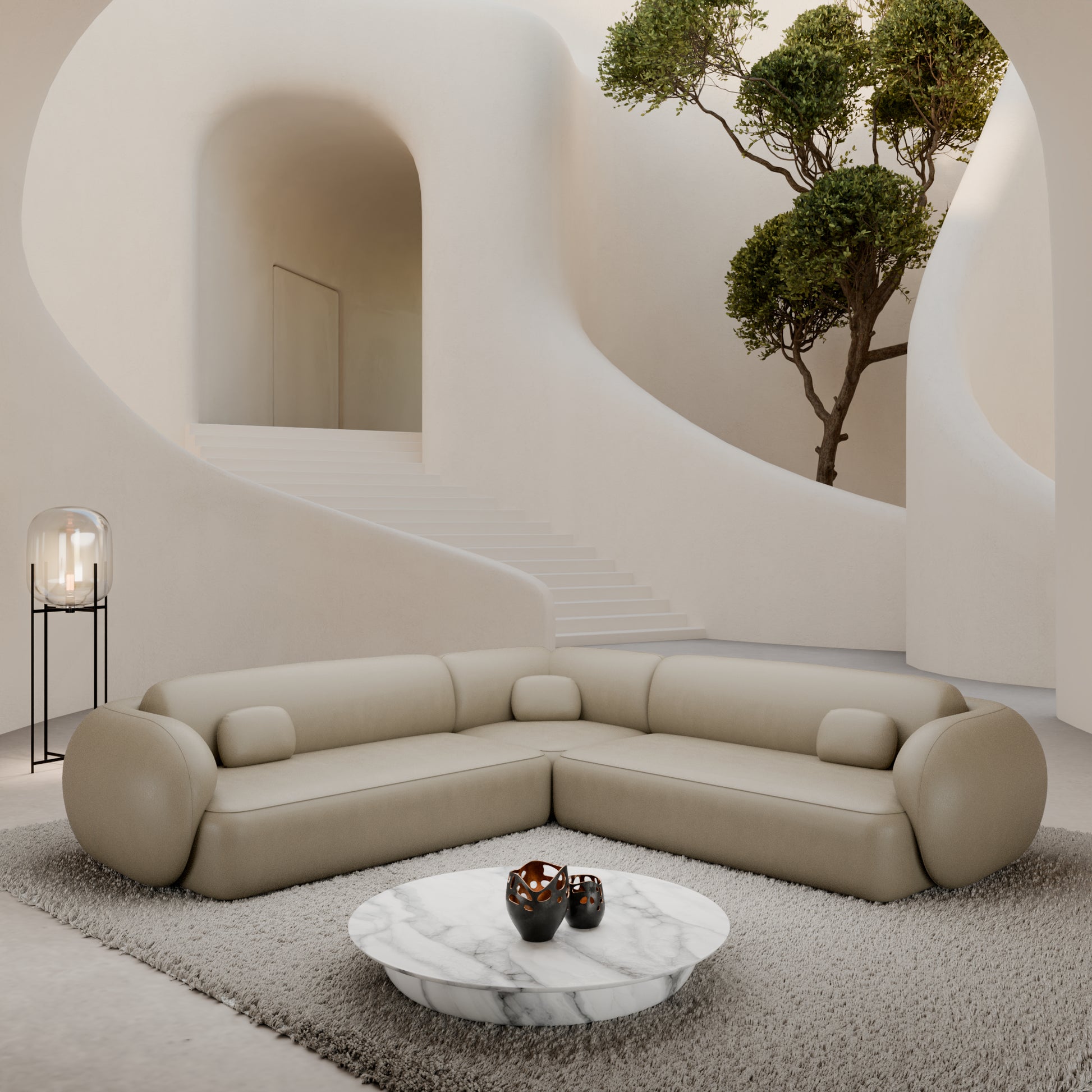 
5-Sitzer Design Echtleder Ecksofa „Avella“ - Echtleder Beige