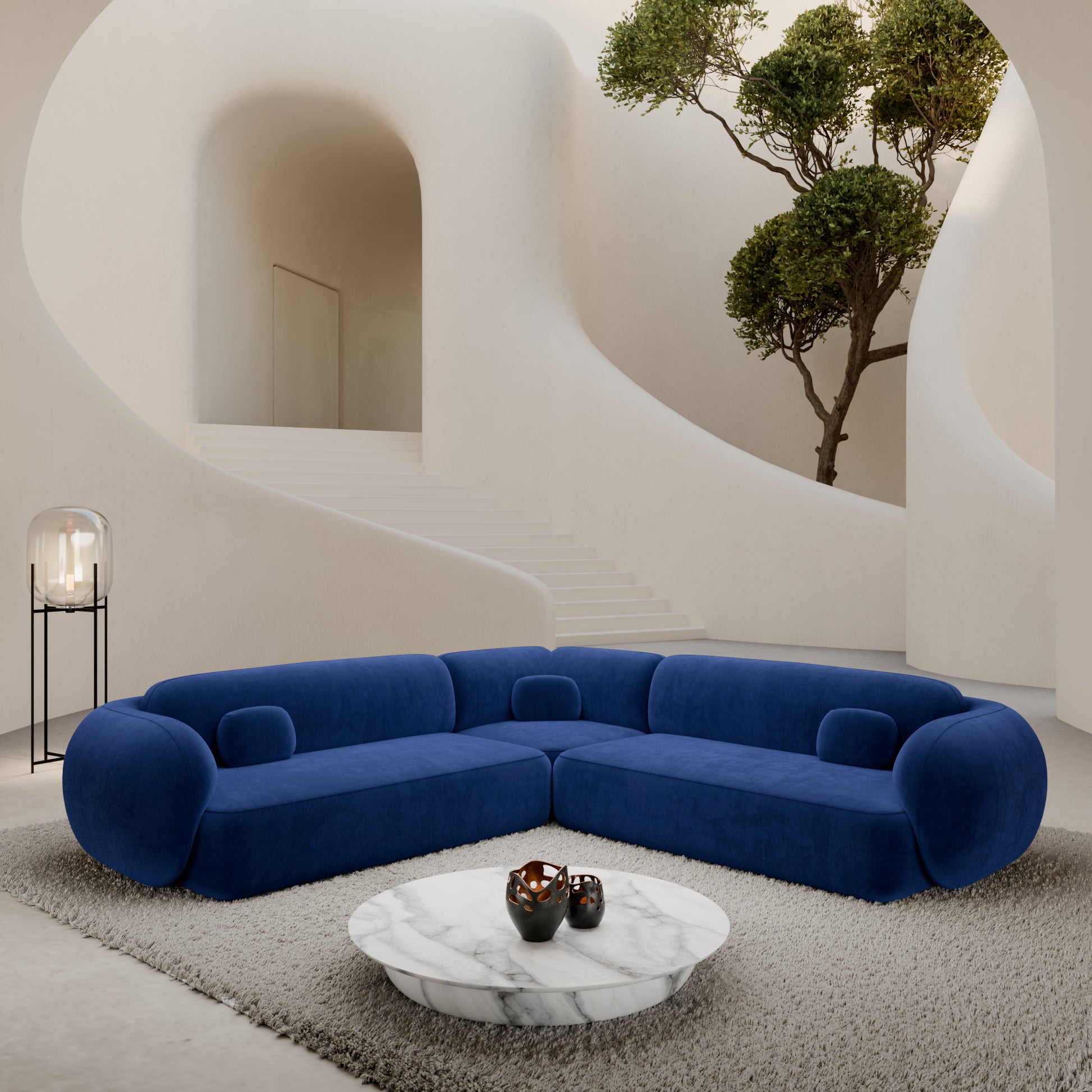 
5-Sitzer Design Ecksofa „Avella“ mit Samtbezug - Samtbezug Königsblau