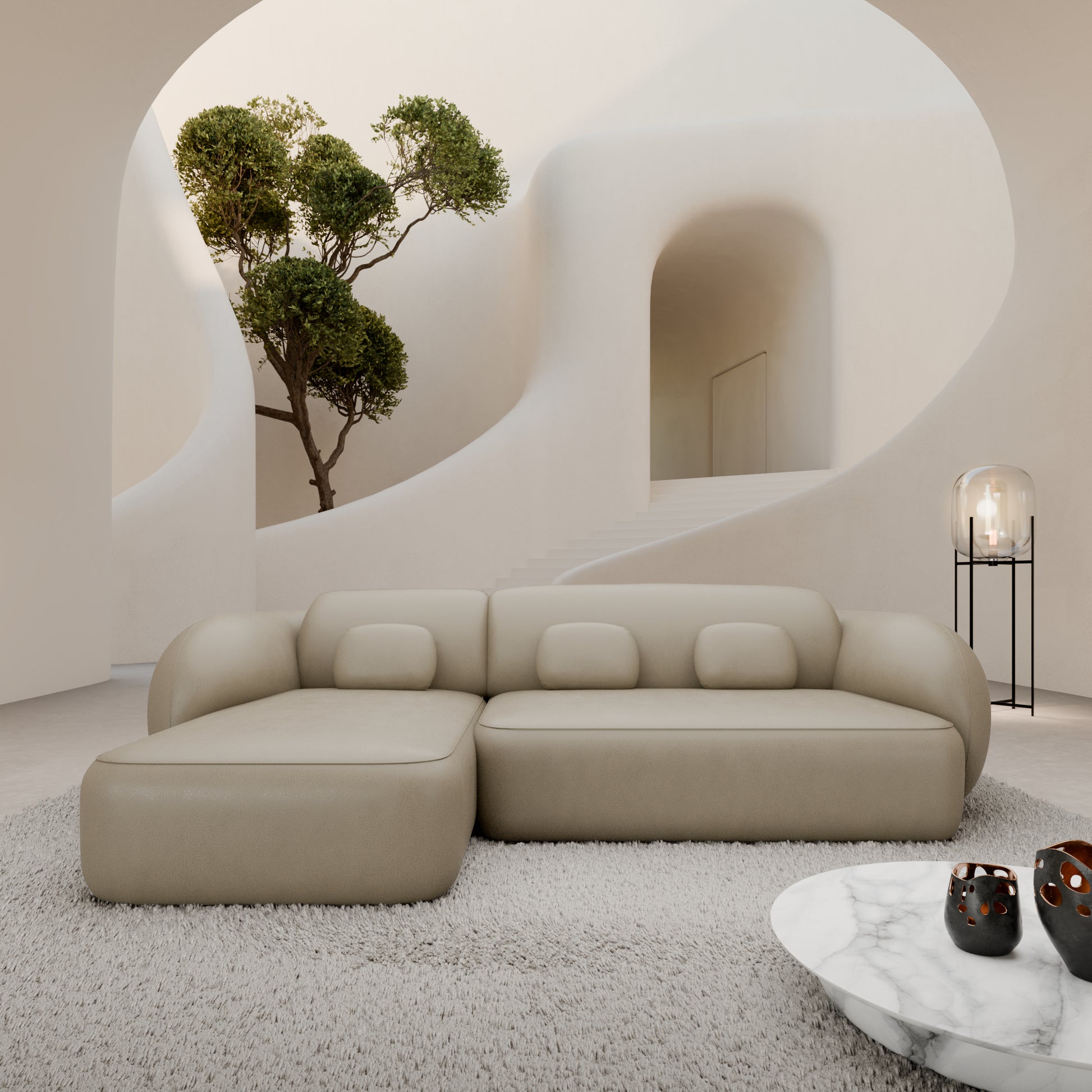 
4-Sitzer Design Echtleder Ecksofa „Avella“ - Echtleder Beige / Eckteil links