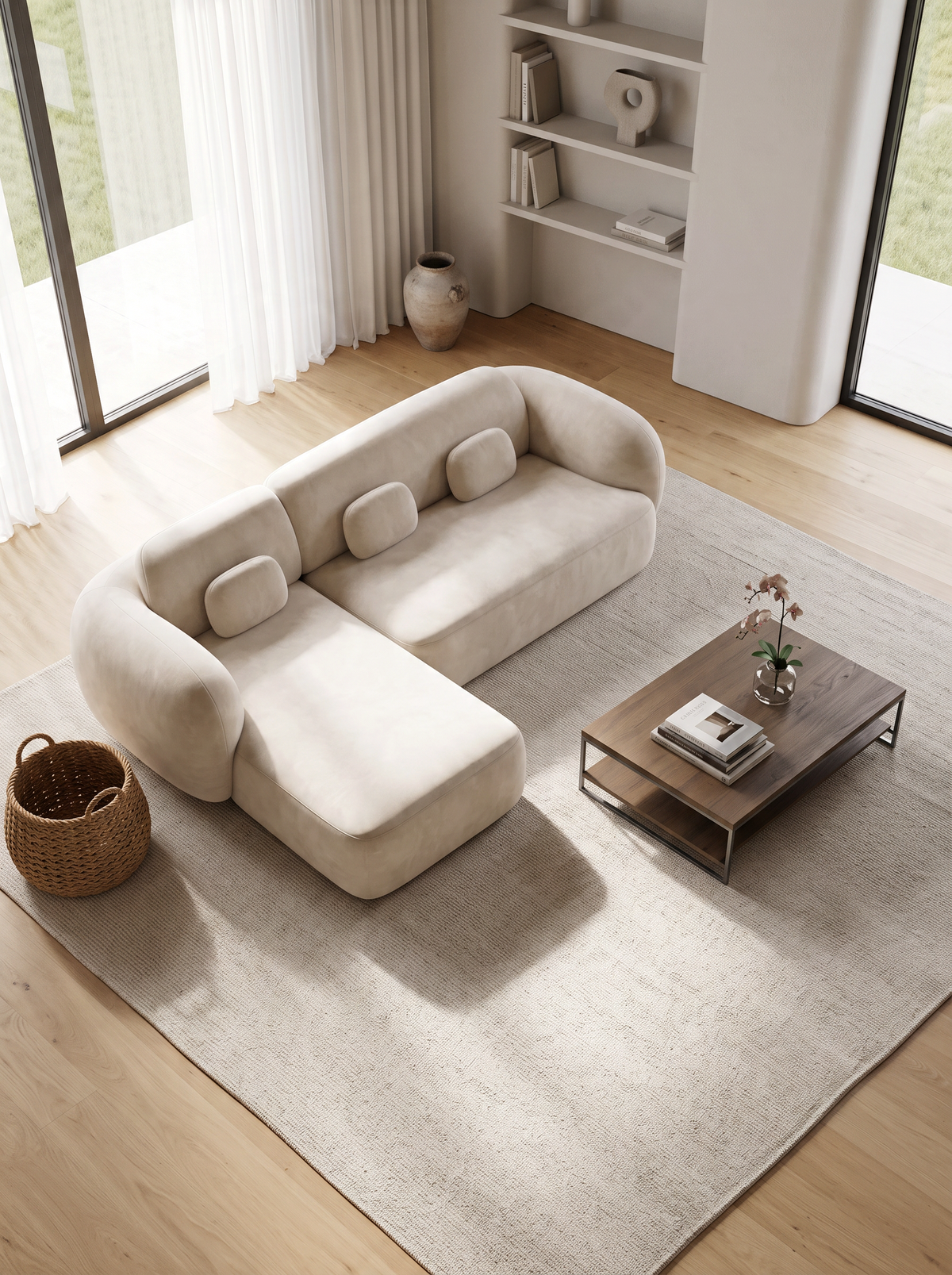 
Divano angolare di design a 4 posti «Avella» con rivestimento in tessuto strutturato - Tessuto strutturato Beige / Elemento angolare sinistro