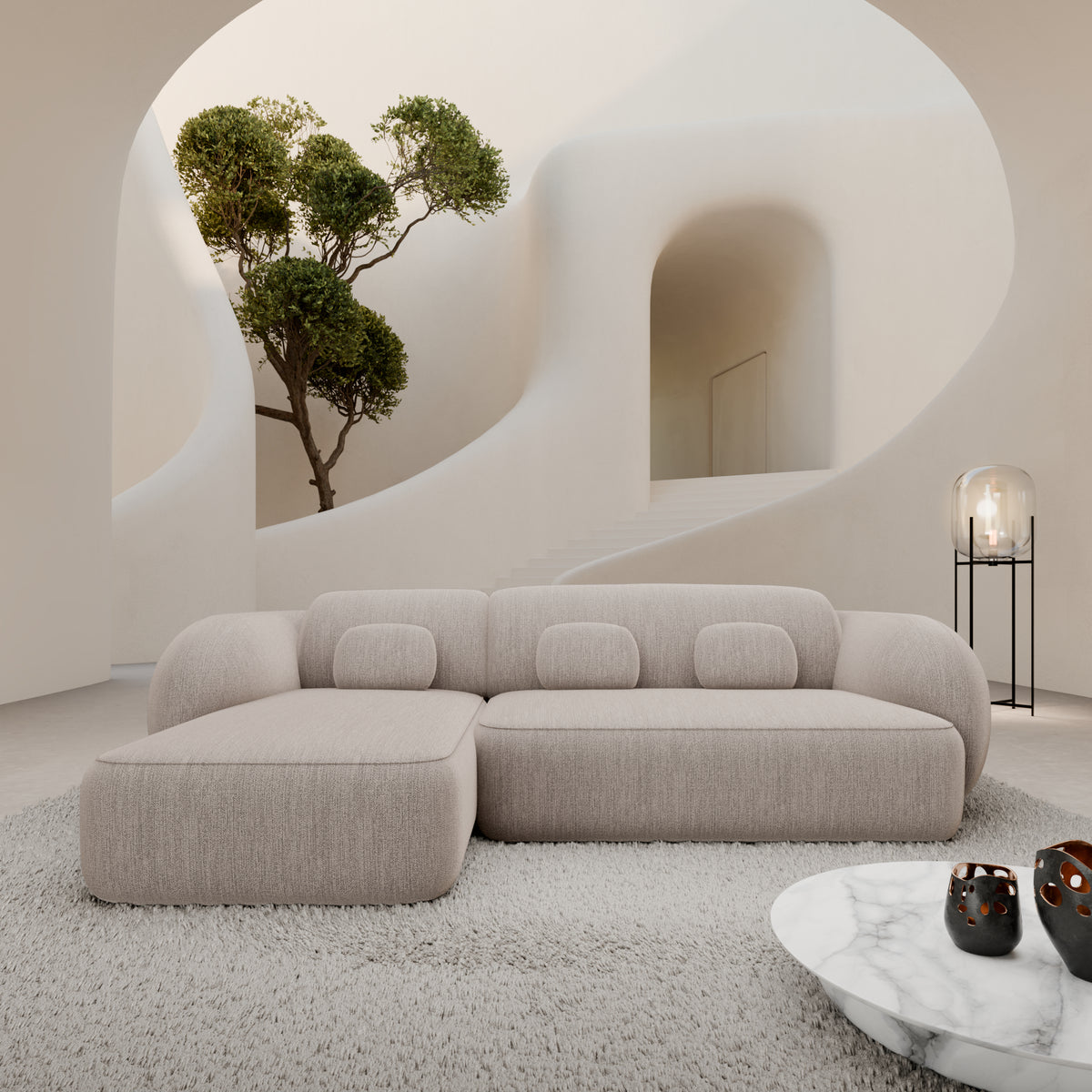 
Divano angolare di design a 4 posti «Avella» con rivestimento in tessuto strutturato - Tessuto strutturato Beige / Elemento angolare sinistro