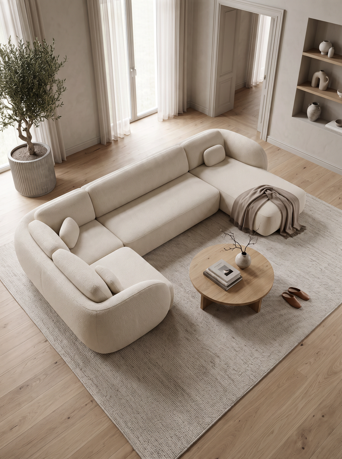 
Canapé panoramique design 6 places « Avella XL » revêtu de tissu structuré - Tissu texturé Beige / Côté long gauche