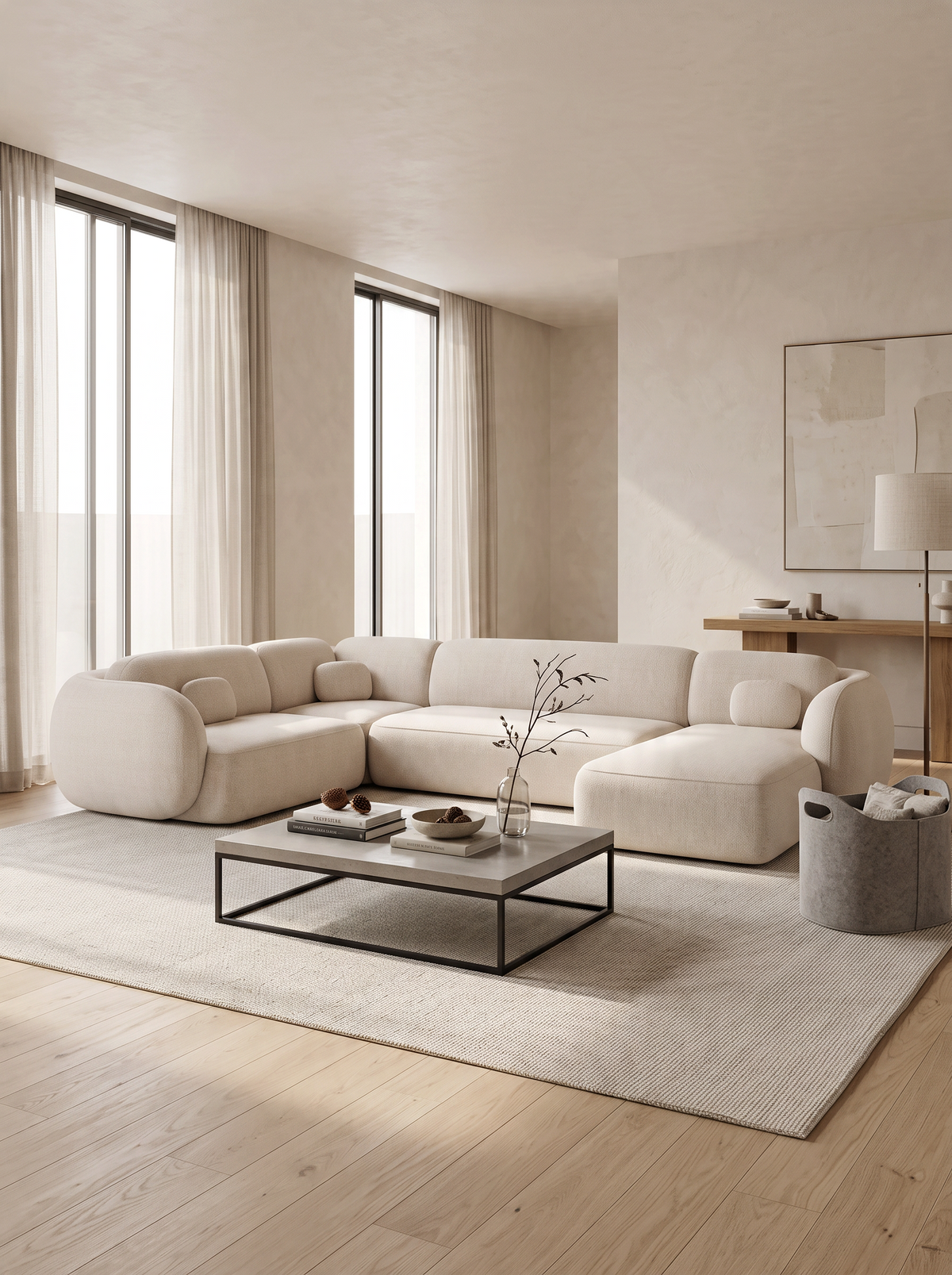 
Divano panoramico di design a 6 posti «Avella XL» con rivestimento in tessuto strutturato - Tessuto strutturato Beige / Lato lungo a sinistra