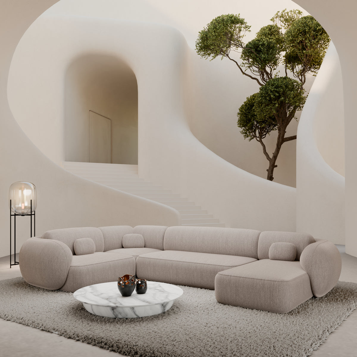 
Divano panoramico di design a 6 posti «Avella XL» con rivestimento in tessuto strutturato - Tessuto strutturato Beige / Lato lungo a sinistra