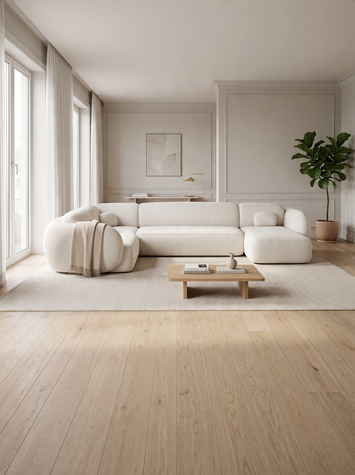 
Divano panoramico di design a 6 posti «Avella XL» con rivestimento in tessuto strutturato - Tessuto strutturato Beige / Lato lungo a sinistra