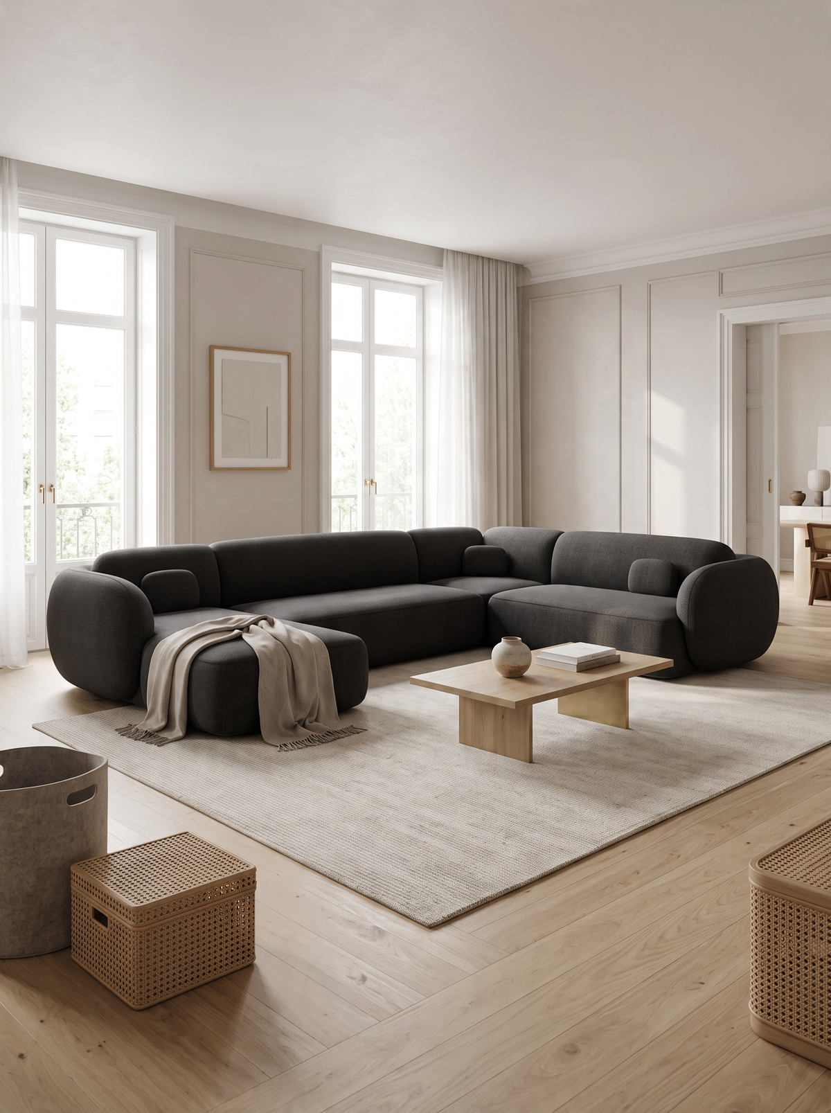 
Divano panoramico di design a 7 posti «Avella XXL» con rivestimento in tessuto strutturato - Tessuto strutturato Beige / Lato lungo a sinistra