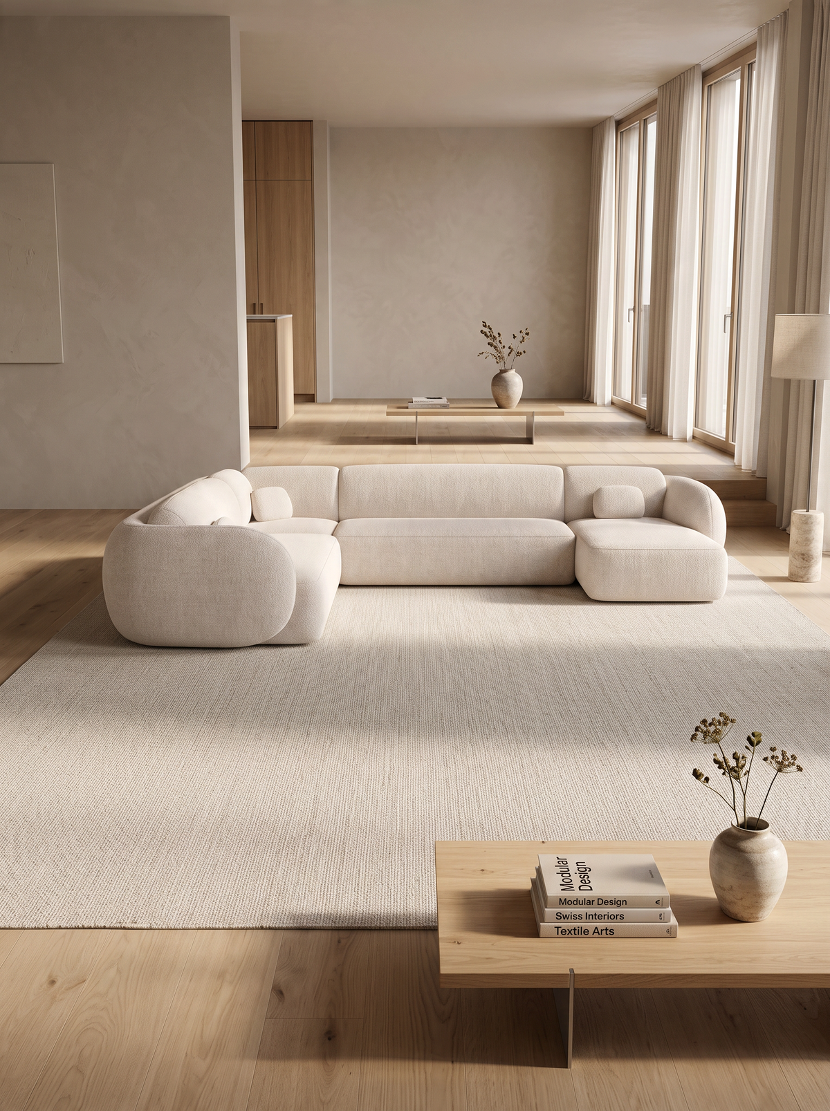 
Divano panoramico di design a 7 posti «Avella XXL» con rivestimento in tessuto strutturato - Tessuto strutturato Beige / Lato lungo a sinistra