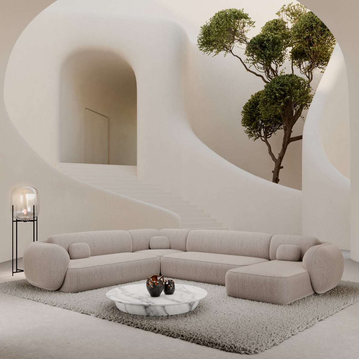 
Divano panoramico di design a 7 posti «Avella XXL» con rivestimento in tessuto strutturato - Tessuto strutturato Beige / Lato lungo a sinistra