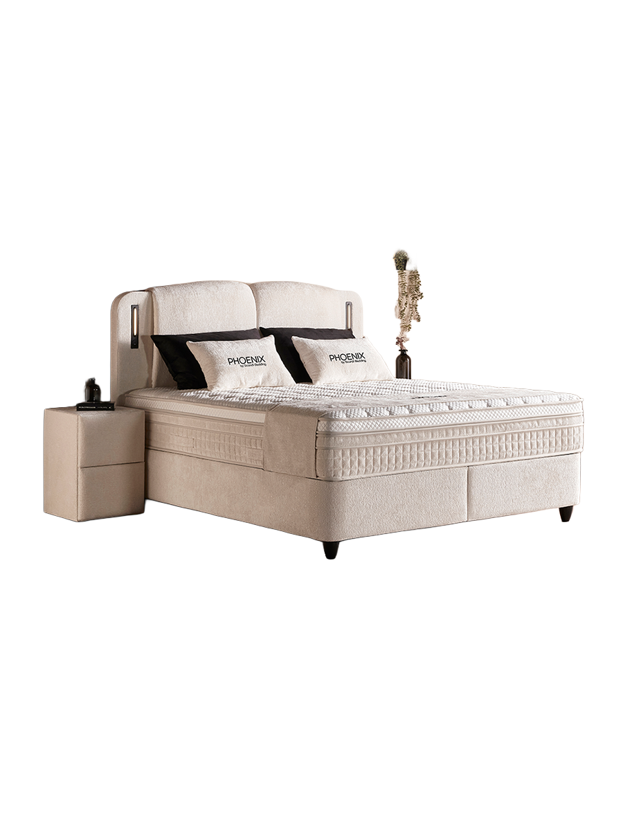 
Lit double à sommier tapissier design « Phoenix », diverses tailles - Sans accessoires / Dimensions du matelas : 140 x 200 cm