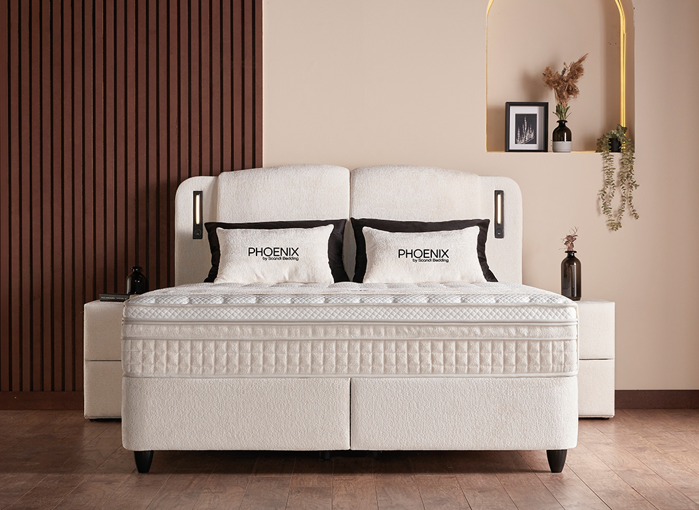 
Lit double à sommier tapissier design « Phoenix », diverses tailles - Sans accessoires / Dimensions du matelas : 140 x 200 cm