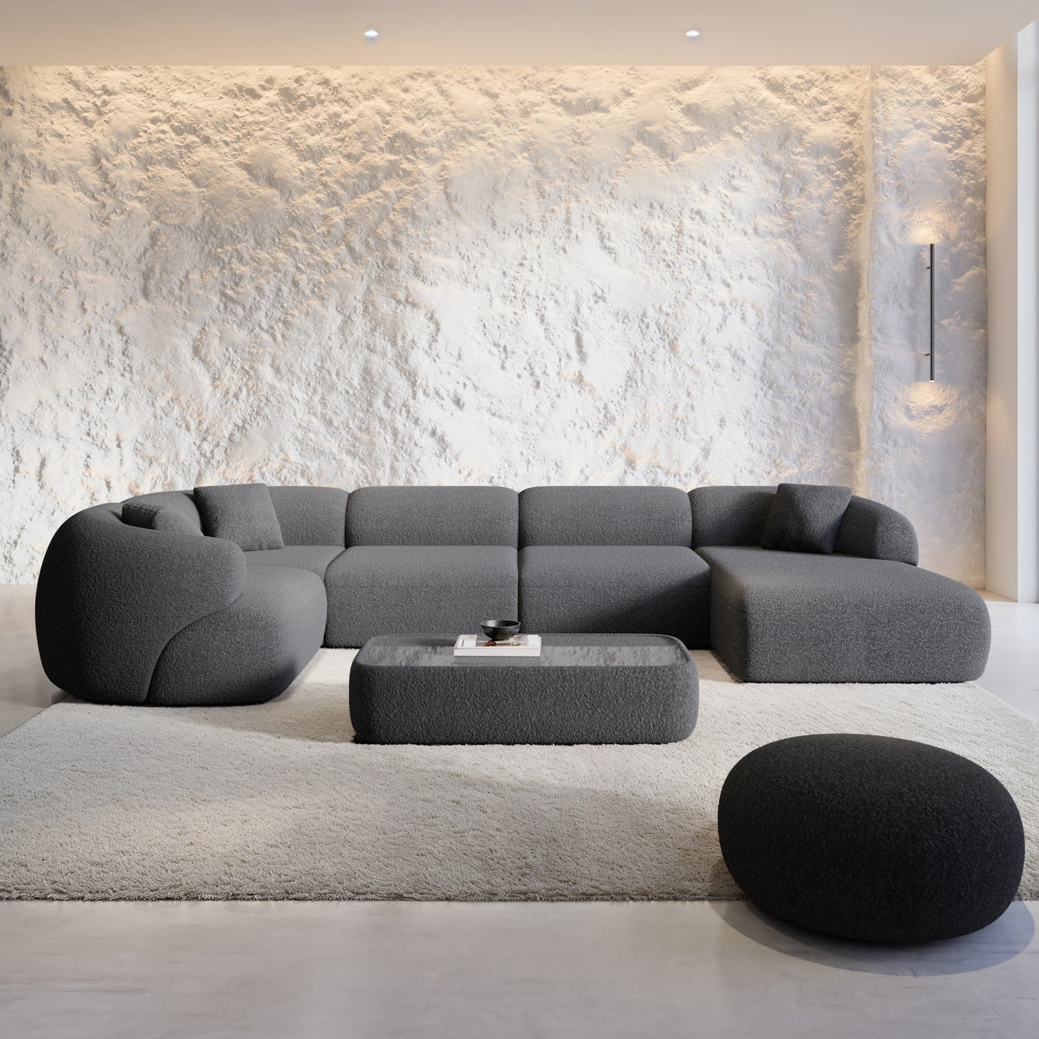 
Canapé panoramique design 6 places « Astoria XL » avec revêtement bouclé - Bouclé Graphit / Côté long gauche