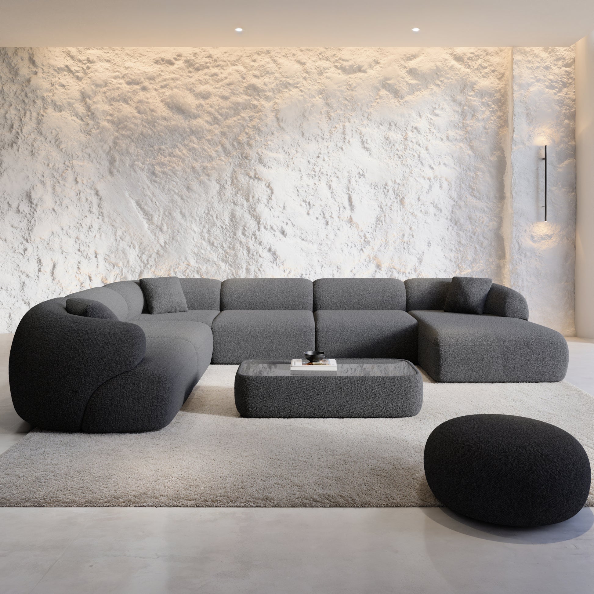 
7-Sitzer Design Panorama-Sofa „Astoria XXL“ mit Bouclé-Bezug - Bouclé Graphit / Lange Seite links
