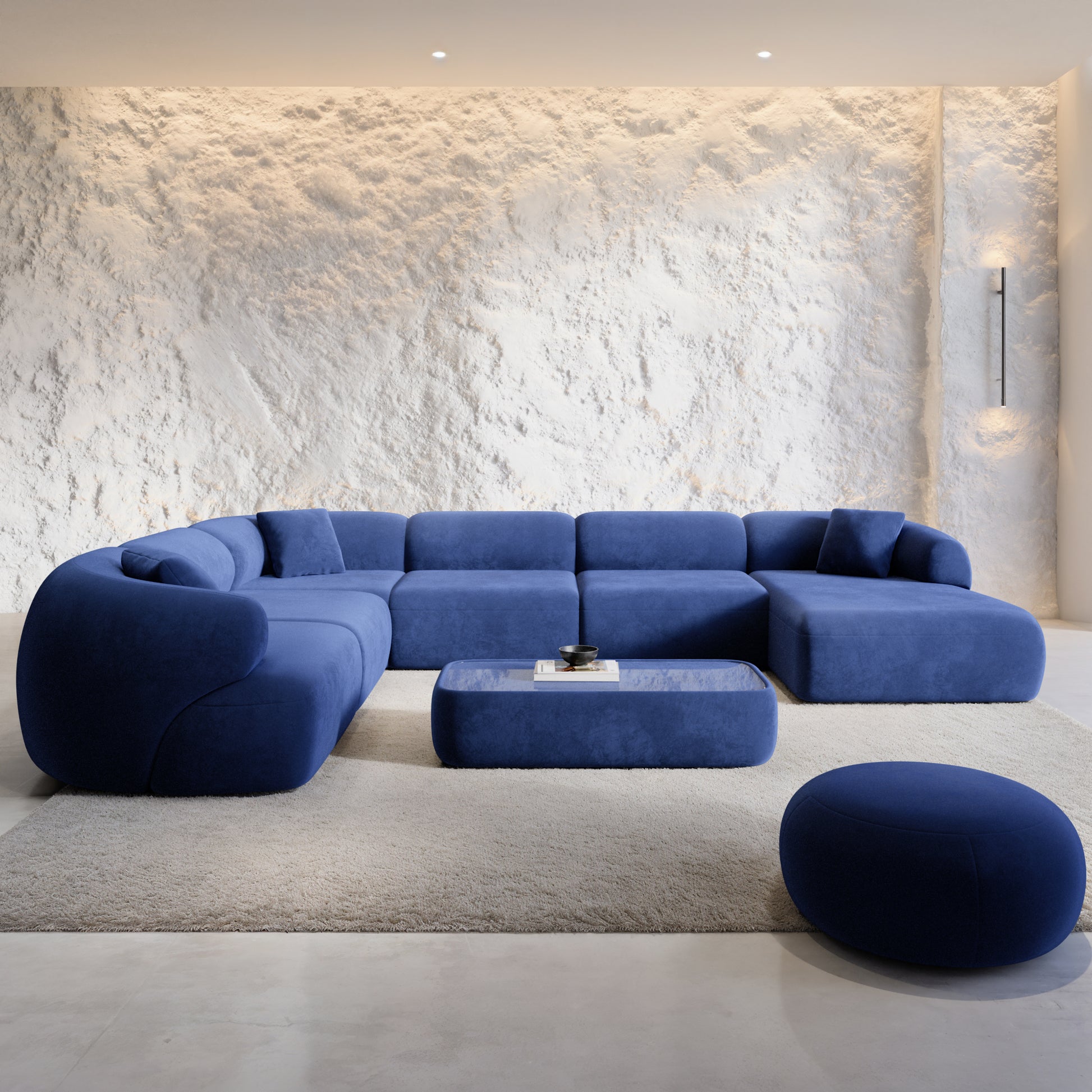 
7-Sitzer Design Panorama-Sofa „Astoria XXL“ mit Samtbezug - Samtbezug Königsblau / Lange Seite links