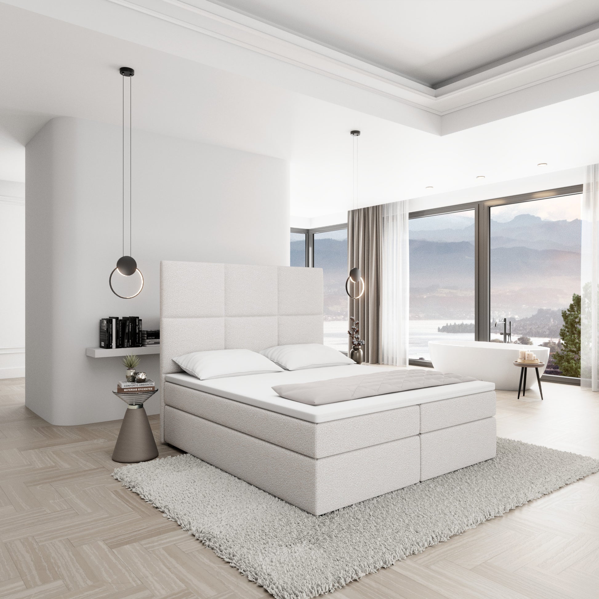 
Design Boxspringbett „Maravella“ mit Ablagefach, Bouclé Weiss - 140 x 200 cm