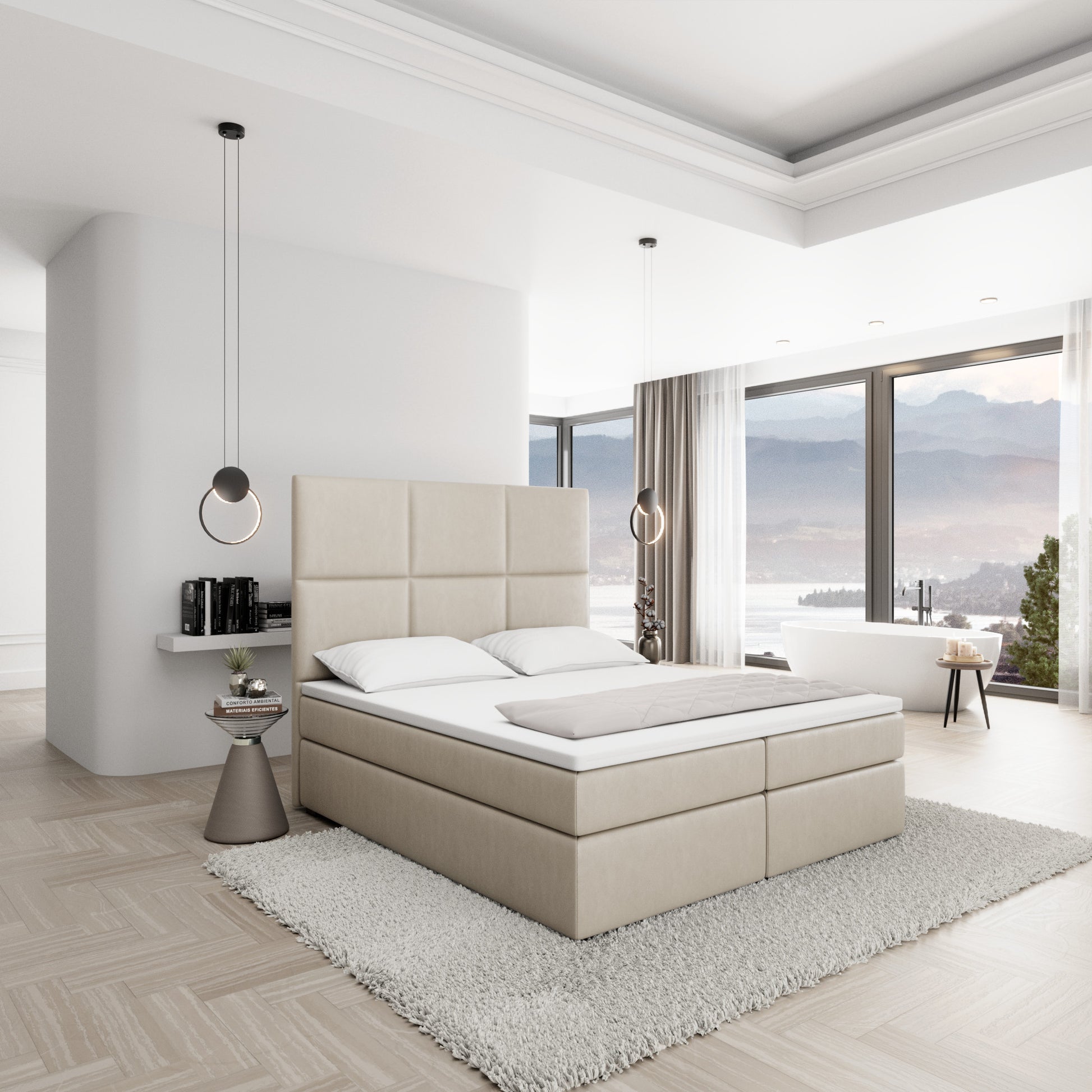 
Design Boxspringbett „Maravella“ mit Ablagefach, Kunstleder Beige - 140 x 200 cm