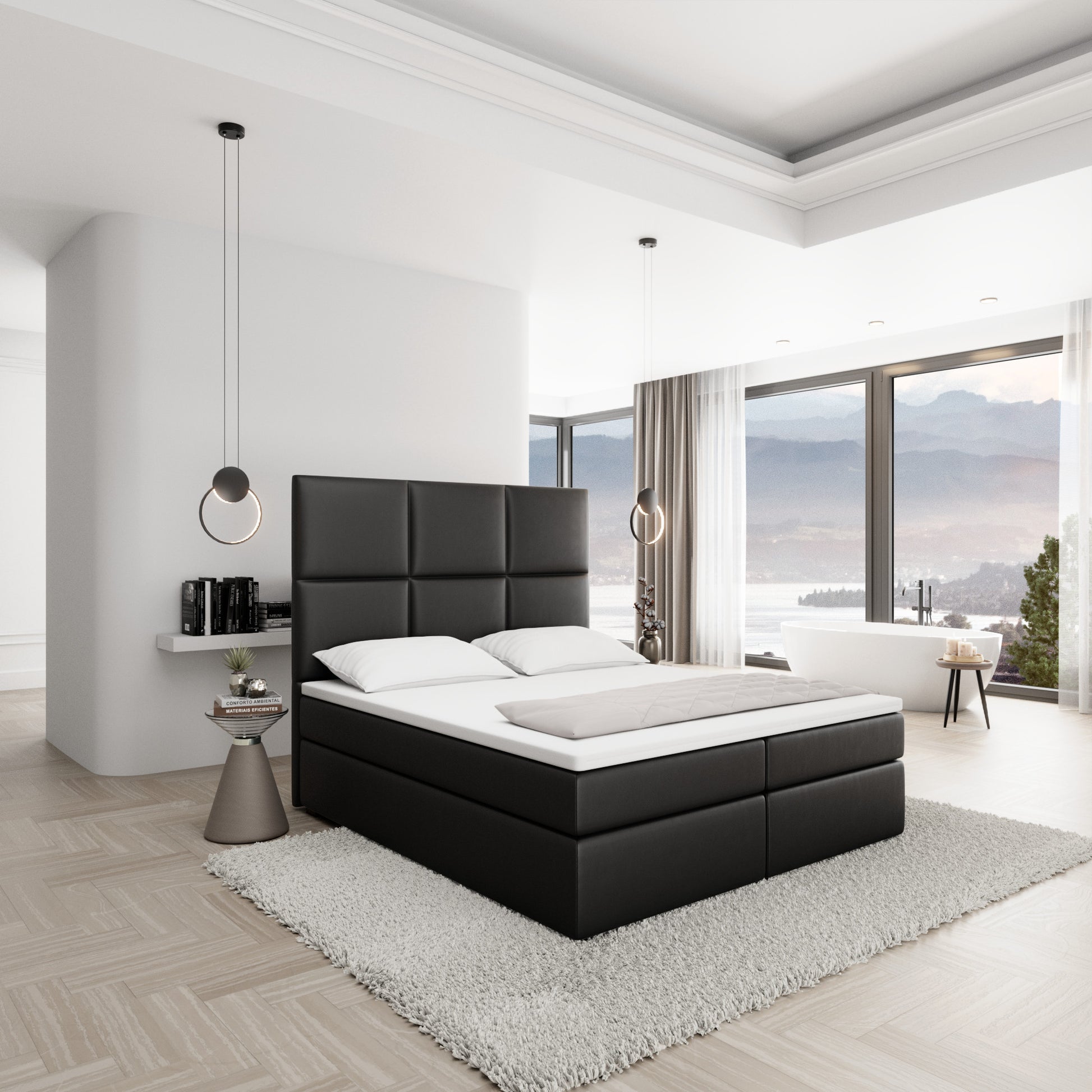 
Design Boxspringbett „Maravella“ mit Ablagefach, Kunstleder Schwarz - 140 x 200 cm