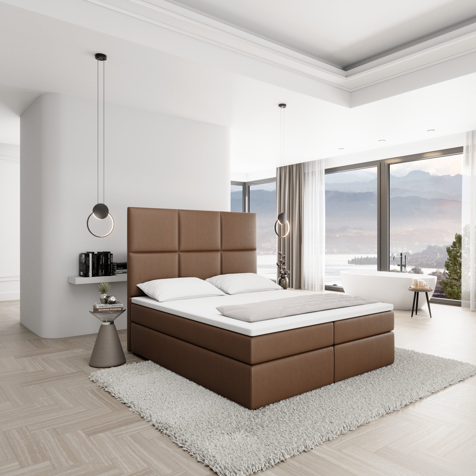 
Design Boxspringbett „Maravella“ mit Ablagefach, Kunstleder Choco Brown - 140 x 200 cm
