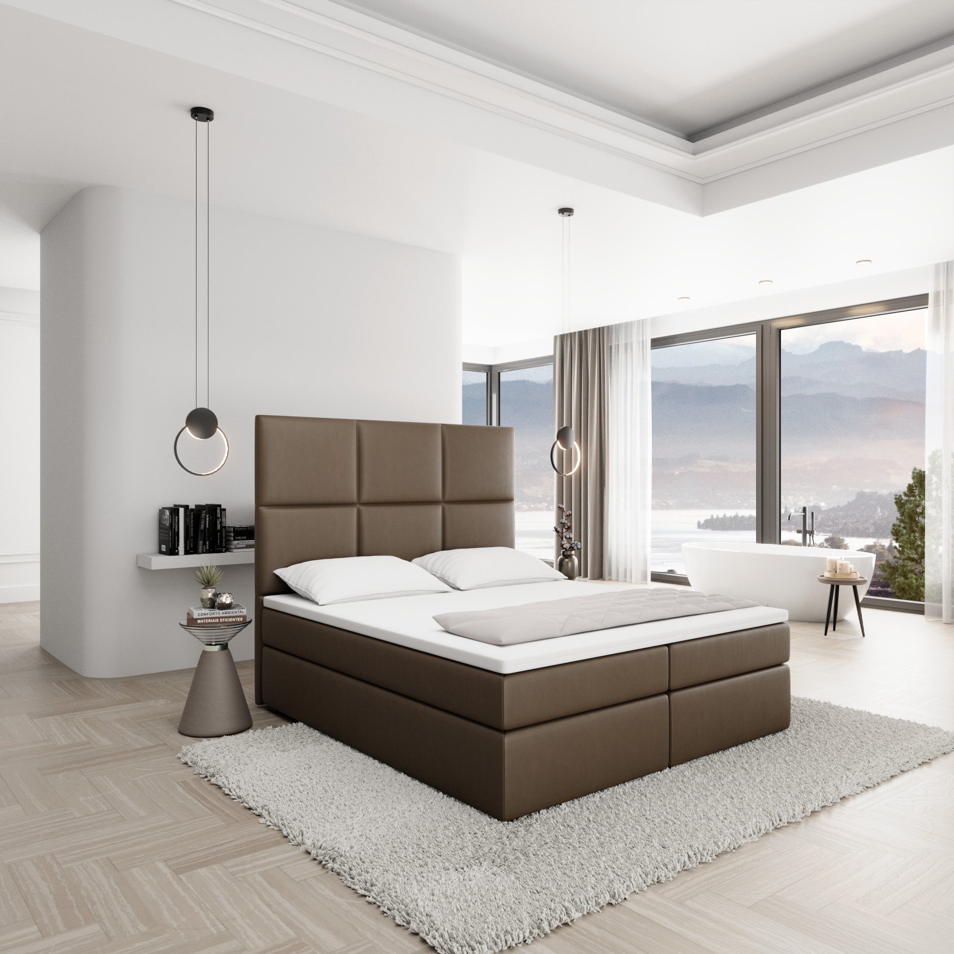 
Design Boxspringbett „Maravella“ mit Ablagefach, Kunstleder Dunkelbraun - 140 x 200 cm