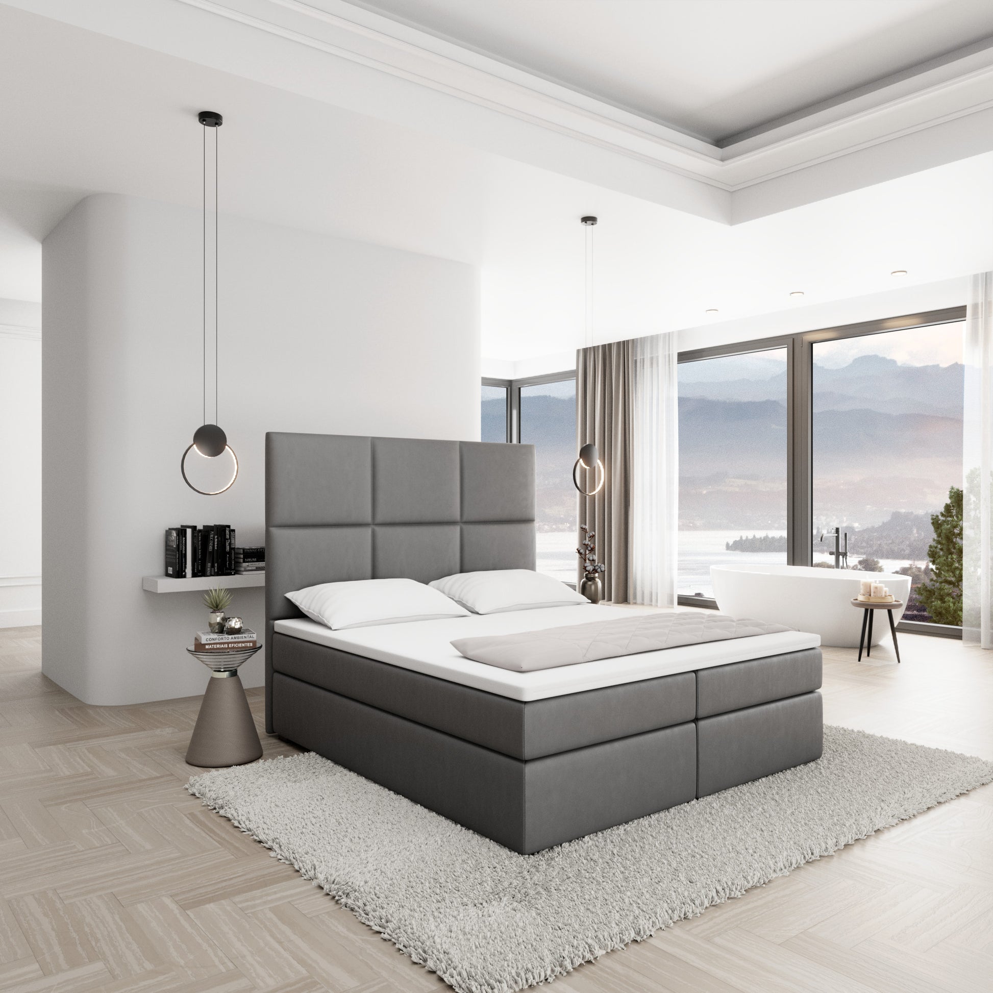 
Design Boxspringbett „Maravella“ mit Ablagefach, Kunstleder Grau - 140 x 200 cm