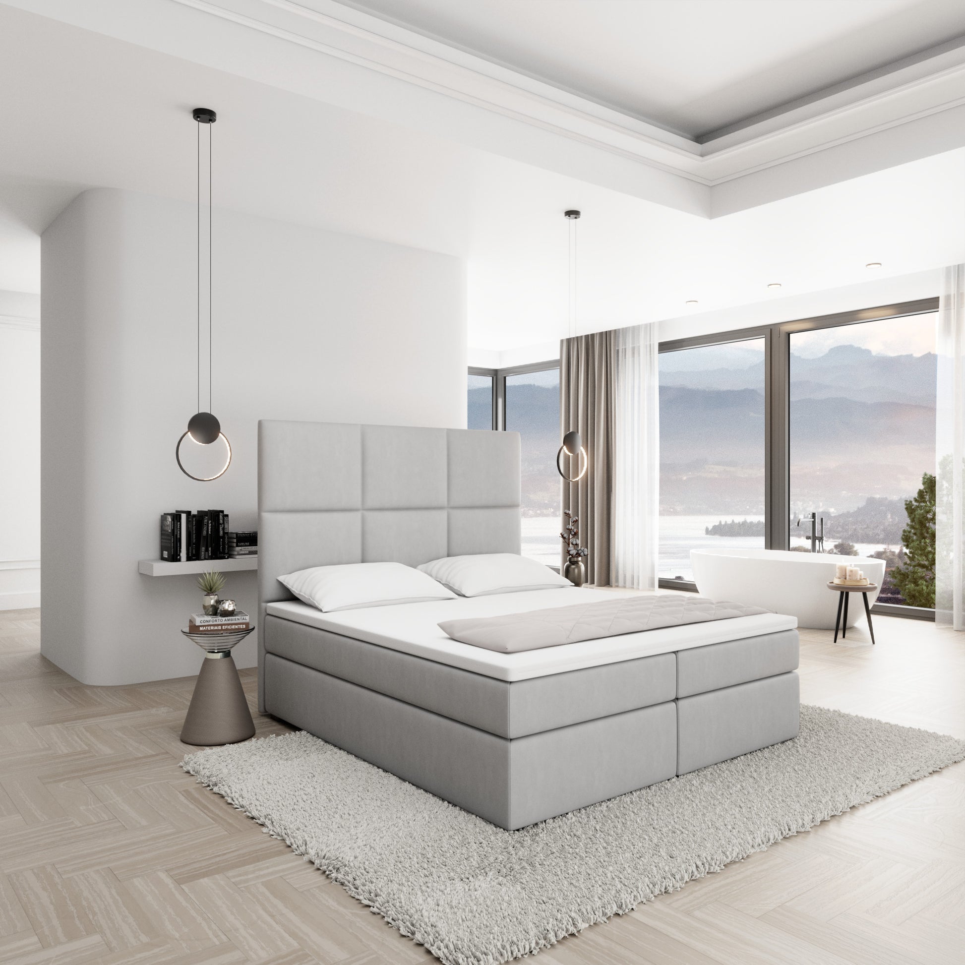 
Design Boxspringbett „Maravella“ mit Ablagefach, Kunstleder Hellgrau - 140 x 200 cm