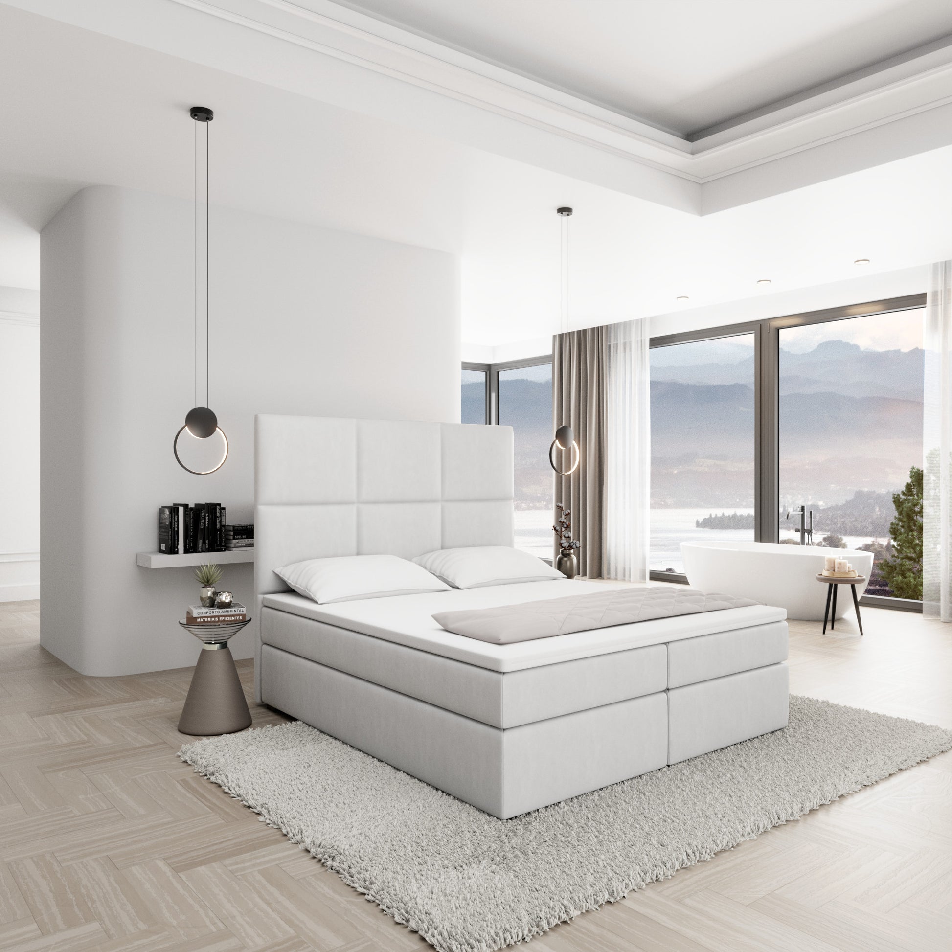 
Design Boxspringbett „Maravella“ mit Ablagefach, Kunstleder Weiss - 140 x 200 cm