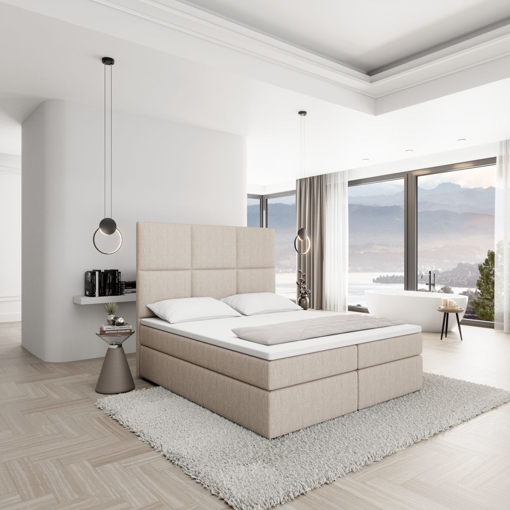 
Designer box spring bed “Maravella” with storage compartment, beige woven fabric - 140 x 200 cm