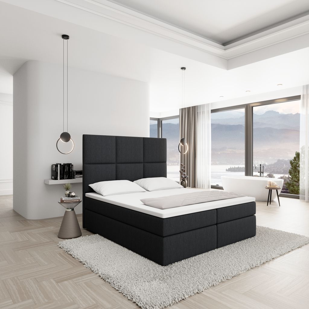 
Designer box spring bed “Maravella” with storage compartment, black woven fabric - 140 x 200 cm