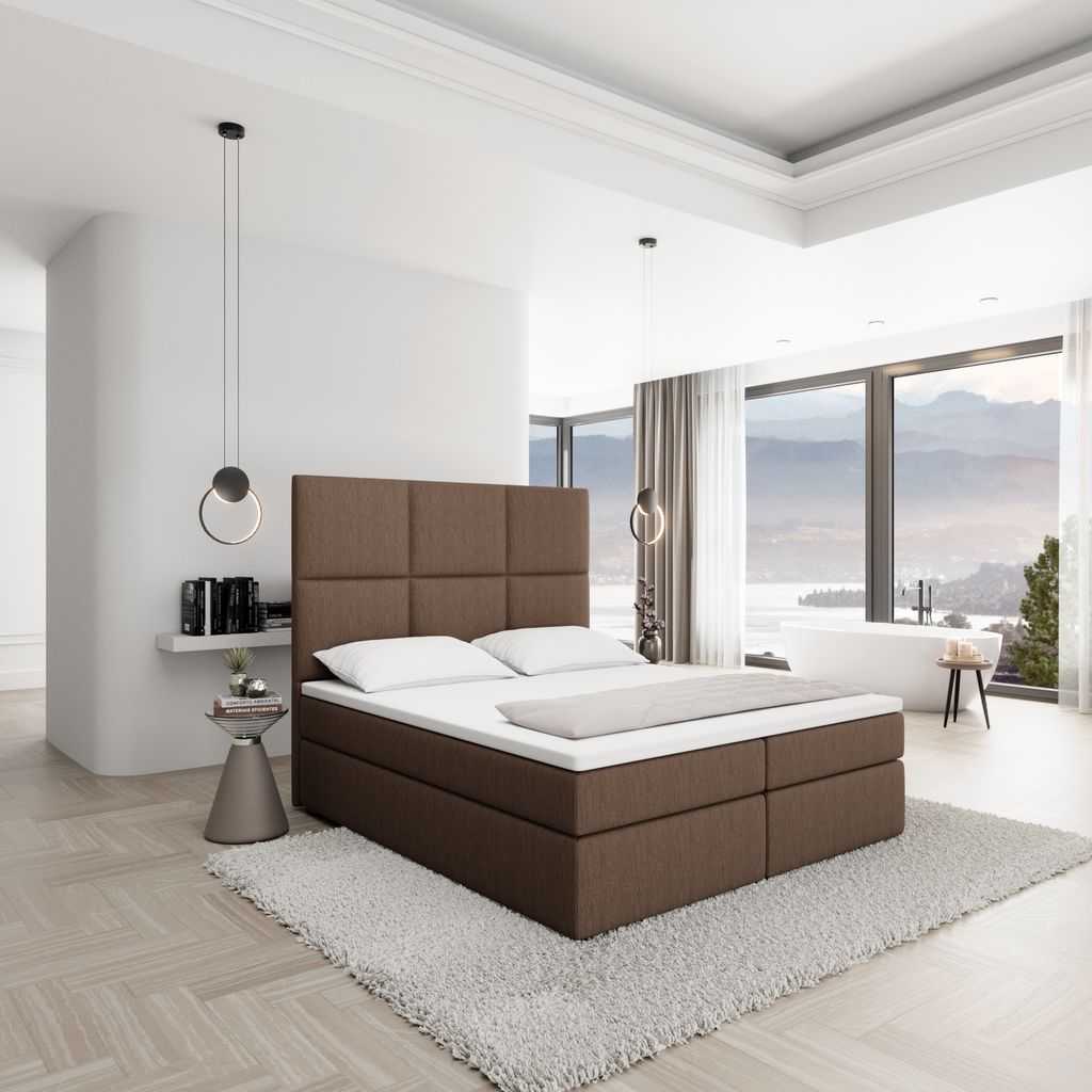 
Designer box spring bed “Maravella” with storage compartment, brown woven fabric - 140 x 200 cm
