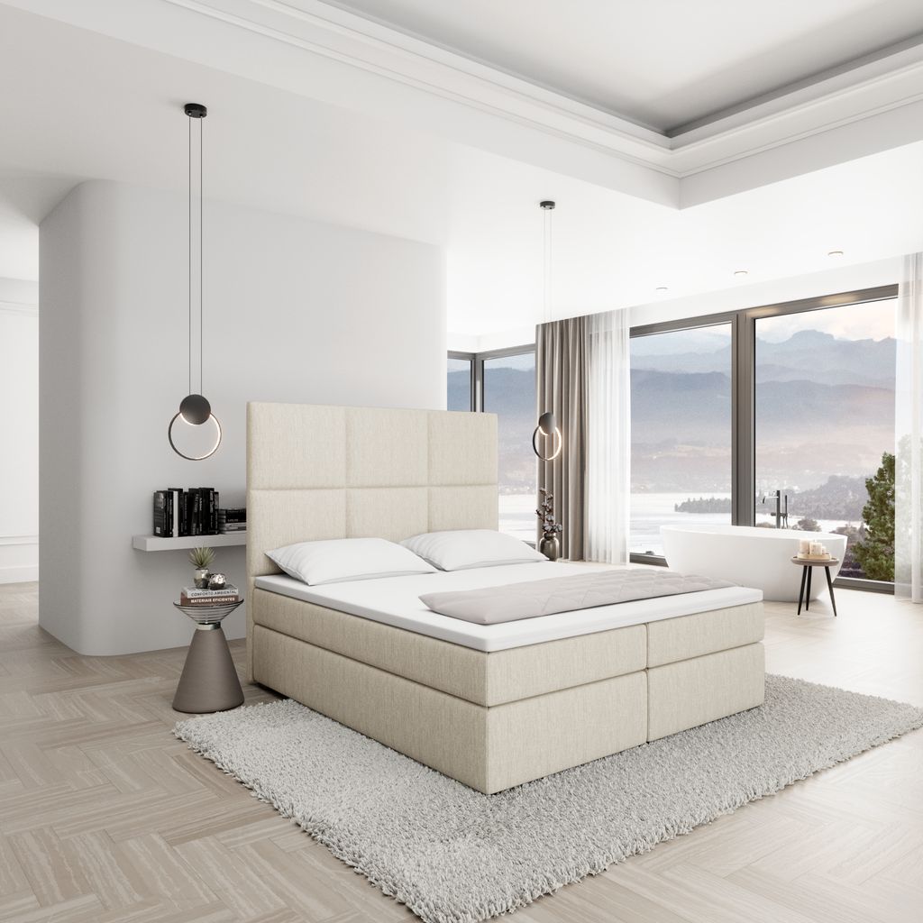 
Designer box spring bed “Maravella” with storage compartment, cream woven fabric - 140 x 200 cm