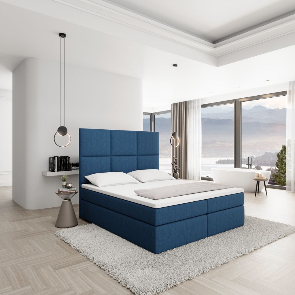 
Designer box spring bed “Maravella” with storage compartment, dark blue woven fabric - 140 x 200 cm