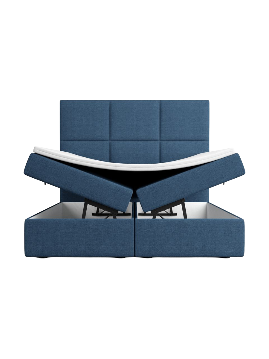 
Designer box spring bed “Maravella” with storage compartment, dark blue woven fabric - 140 x 200 cm