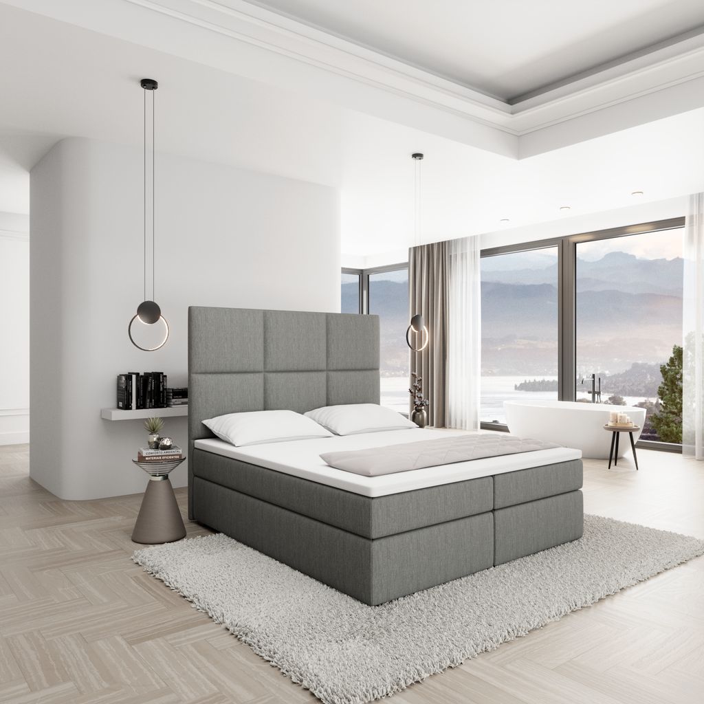 
Designer box spring bed “Maravella” with storage compartment, gray woven fabric - 140 x 200 cm