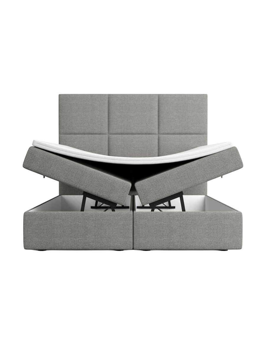 
Designer box spring bed “Maravella” with storage compartment, gray woven fabric - 140 x 200 cm