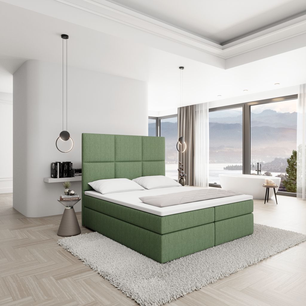 
Designer box spring bed “Maravella” with storage compartment, green woven fabric - 140 x 200 cm