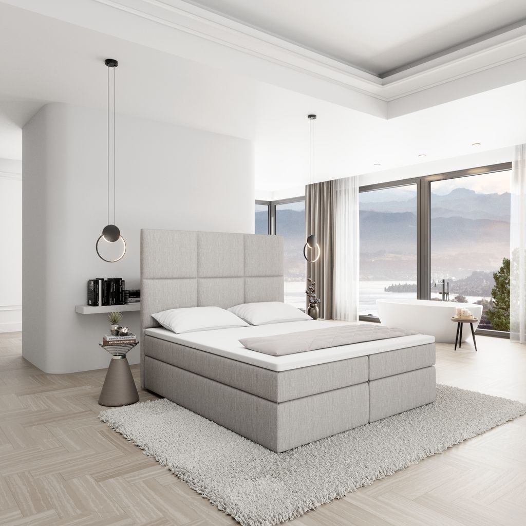 
Designer box spring bed “Maravella” with storage compartment, light gray woven fabric - 140 x 200 cm