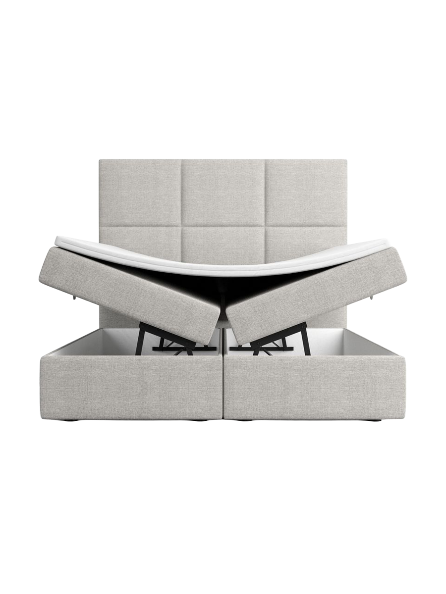 
Designer box spring bed “Maravella” with storage compartment, light gray woven fabric - 140 x 200 cm
