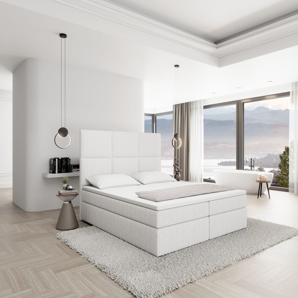 
Designer box spring bed “Maravella” with storage compartment, white woven fabric - 140 x 200 cm