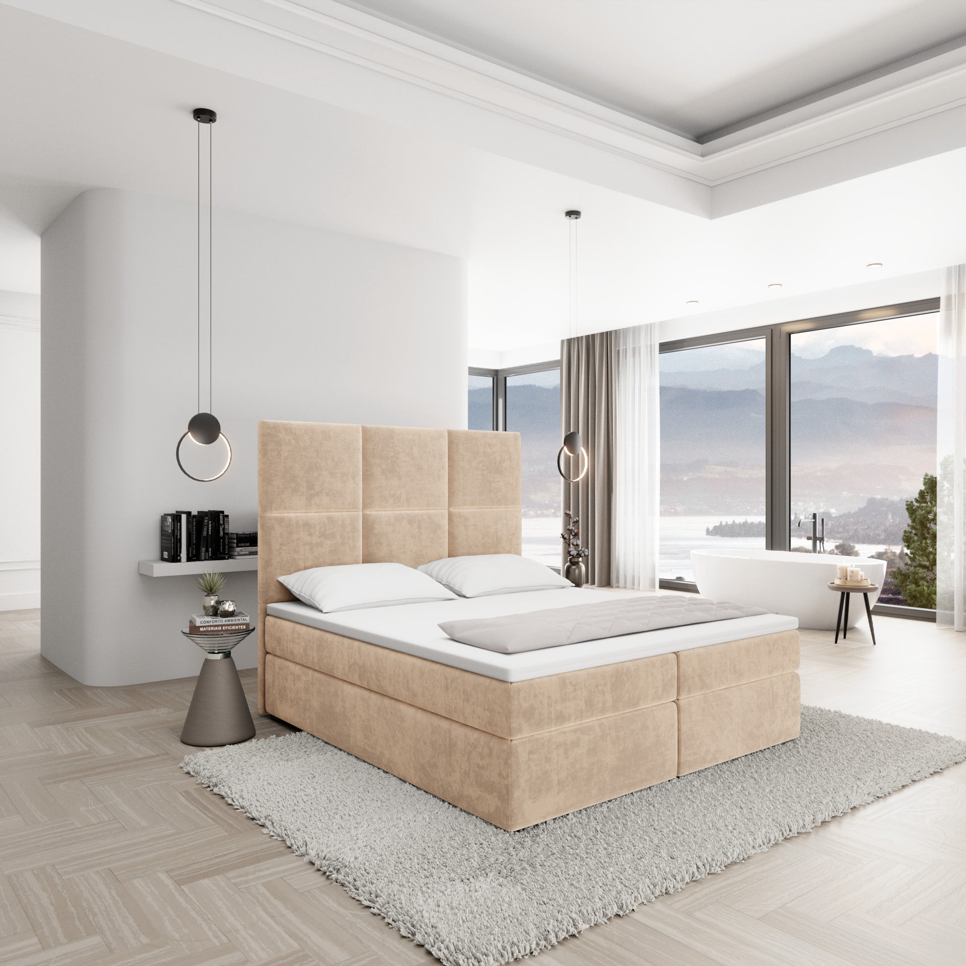 
Design Boxspringbett „Maravella“ mit Ablagefach, Samt Beige - 140 x 200 cm