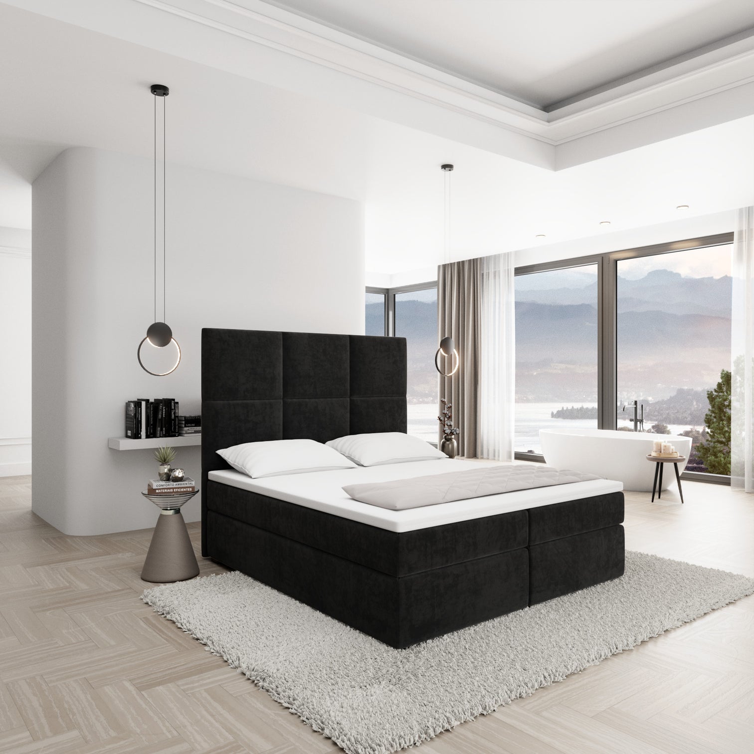
Designer box spring bed “Maravella” with storage compartment, black velvet - 140 x 200 cm