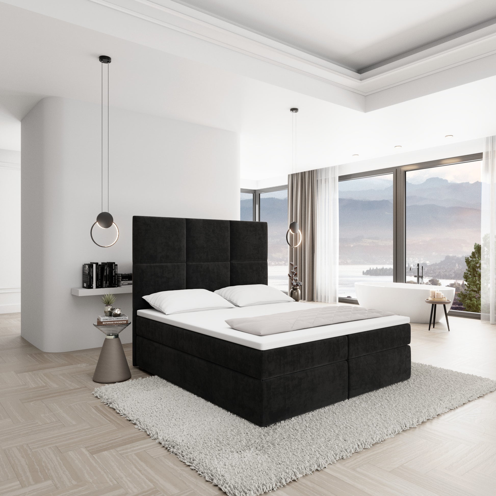
Design Boxspringbett „Maravella“ mit Ablagefach, Samt Schwarz - 140 x 200 cm