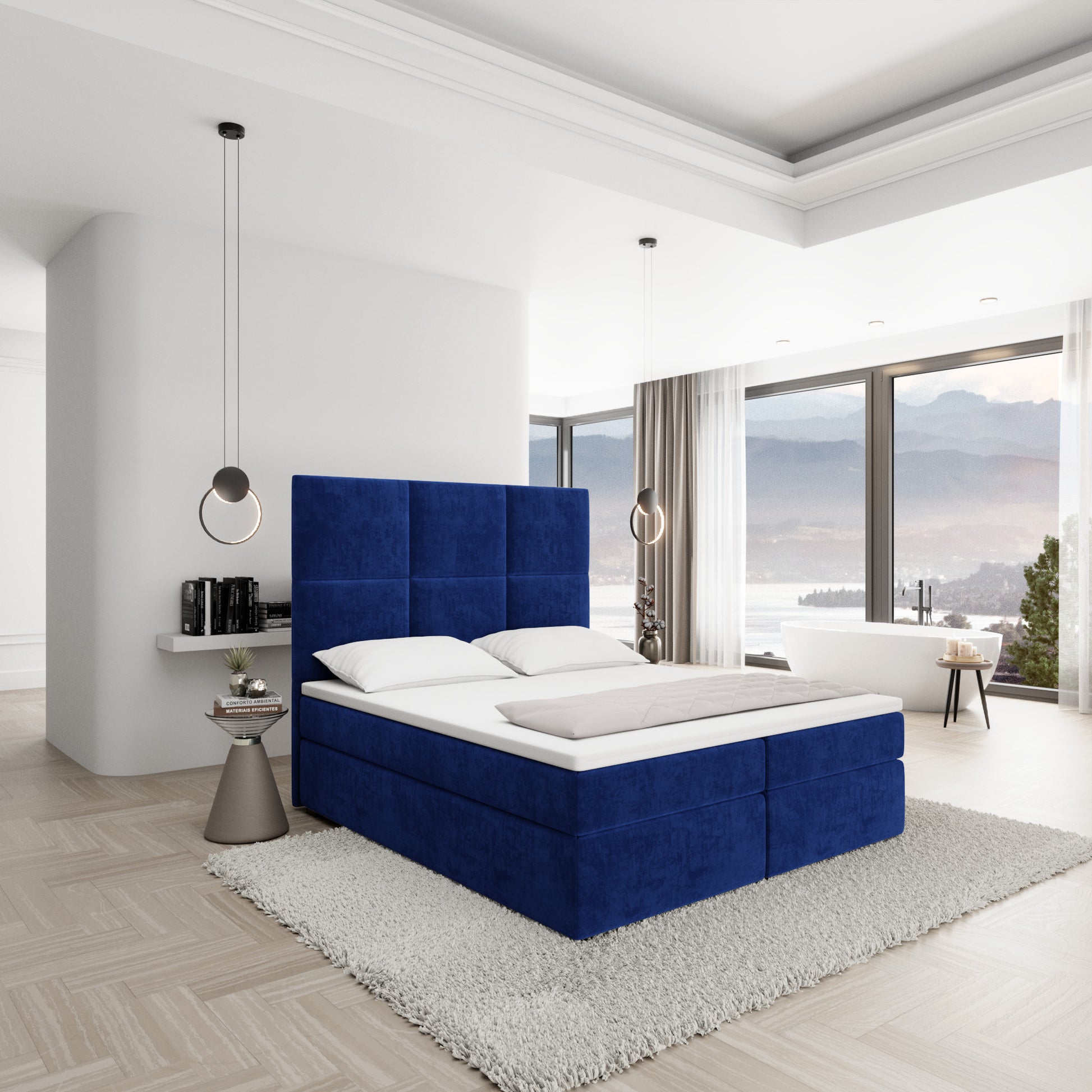 
Design Boxspringbett „Maravella“ mit Ablagefach, Samt Blau - 140 x 200 cm