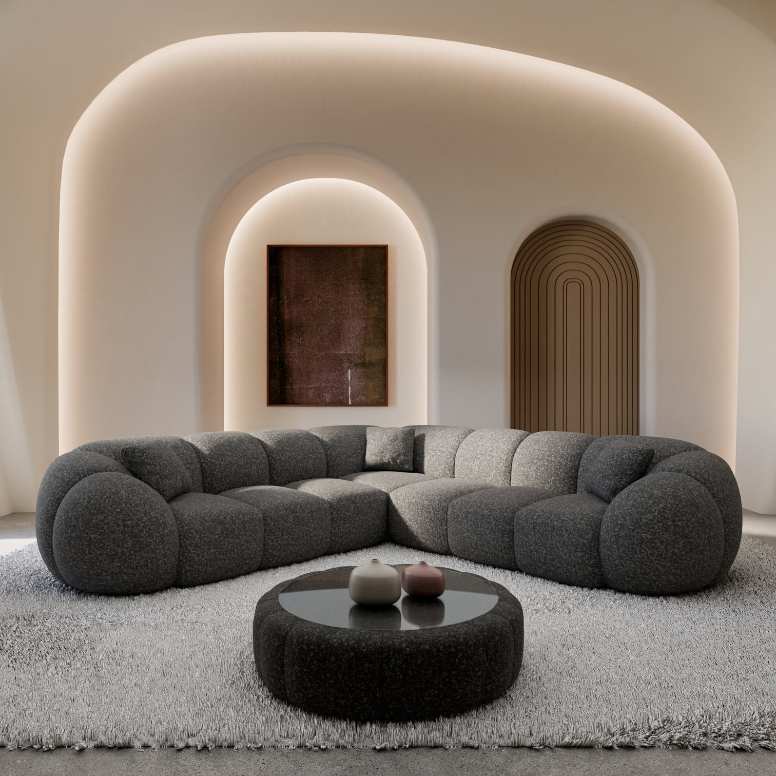 
5-seater designer corner sofa “Azura” with bouclé upholstery - Bouclé Graphite