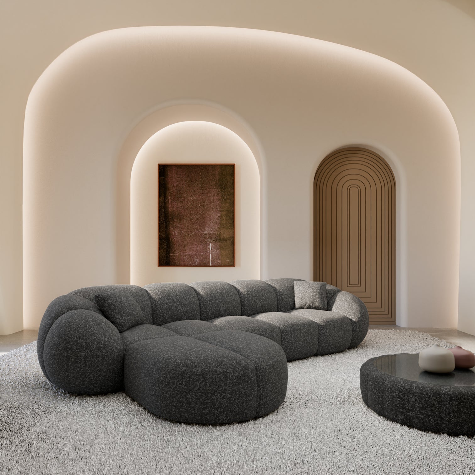 
4-seater designer corner sofa “Azura” with bouclé upholstery - Bouclé Graphite / Left corner section